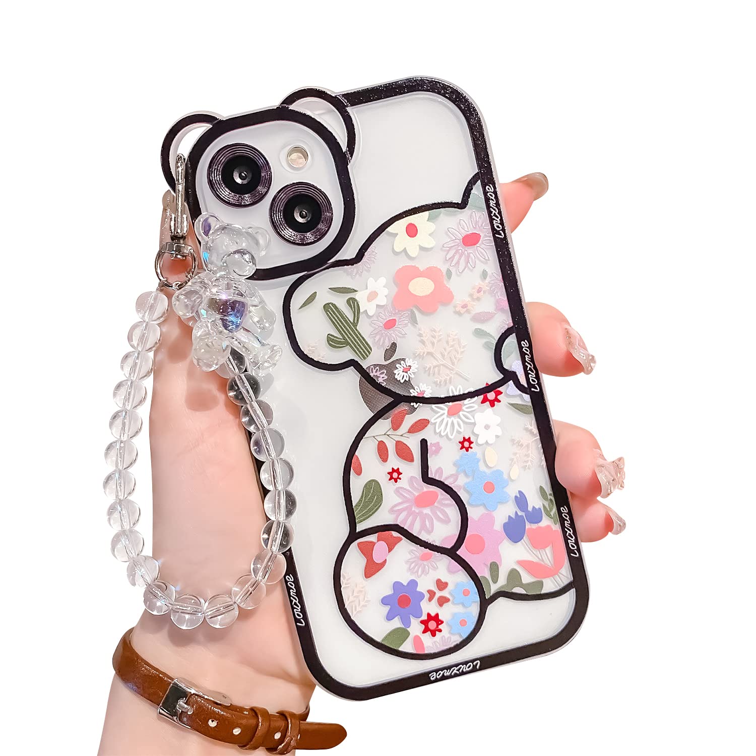 Ownest iPhone 13 Case - Cute Floral Bear Pattern with Chain, Slim Soft Flexible TPU Rubber Protective Cover for Women & Girls (Black) | Perfect for Everyday Use, Fashion Accessory & Gift Idea