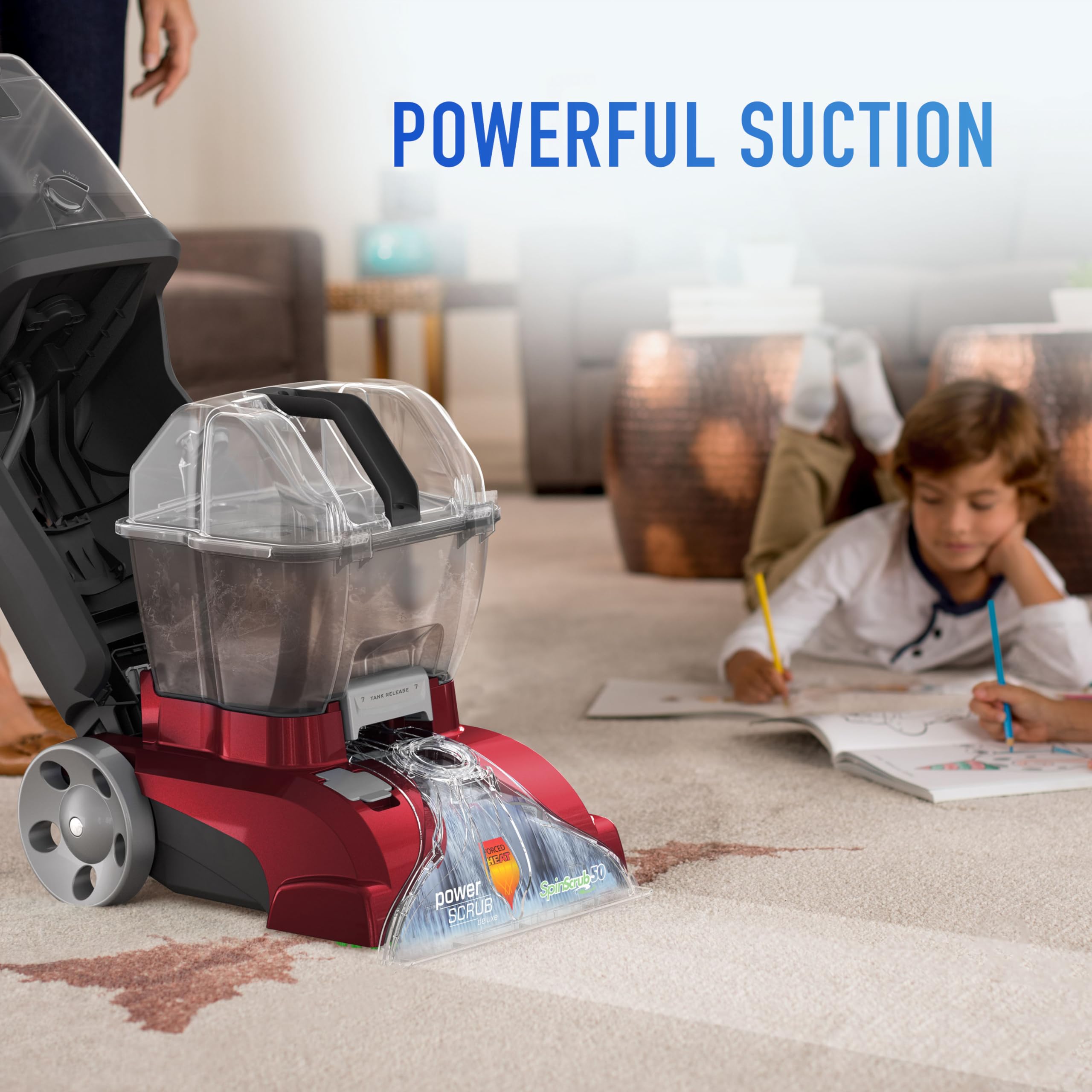 Hoover Power Scrub Deluxe Carpet Cleaner Machine - Upright Shampooer for Deep Cleaning, FH50150 Model in Vibrant Red | Perfect for Pet Hair Removal & Stain Treatment in Home, Office, and High-Traffic Areas