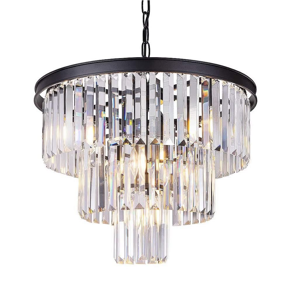 Uboxin Black Crystal Chandelier - 20 Inch 9-Light E12 Base Modern Ceiling Fixture with K9 Clear Crystals, 3-Tier Hanging Design for Dining Room, Living Room & Bedroom Lighting | Perfect for Home Decor, Wedding Venues and Luxury Interior Design (Black)