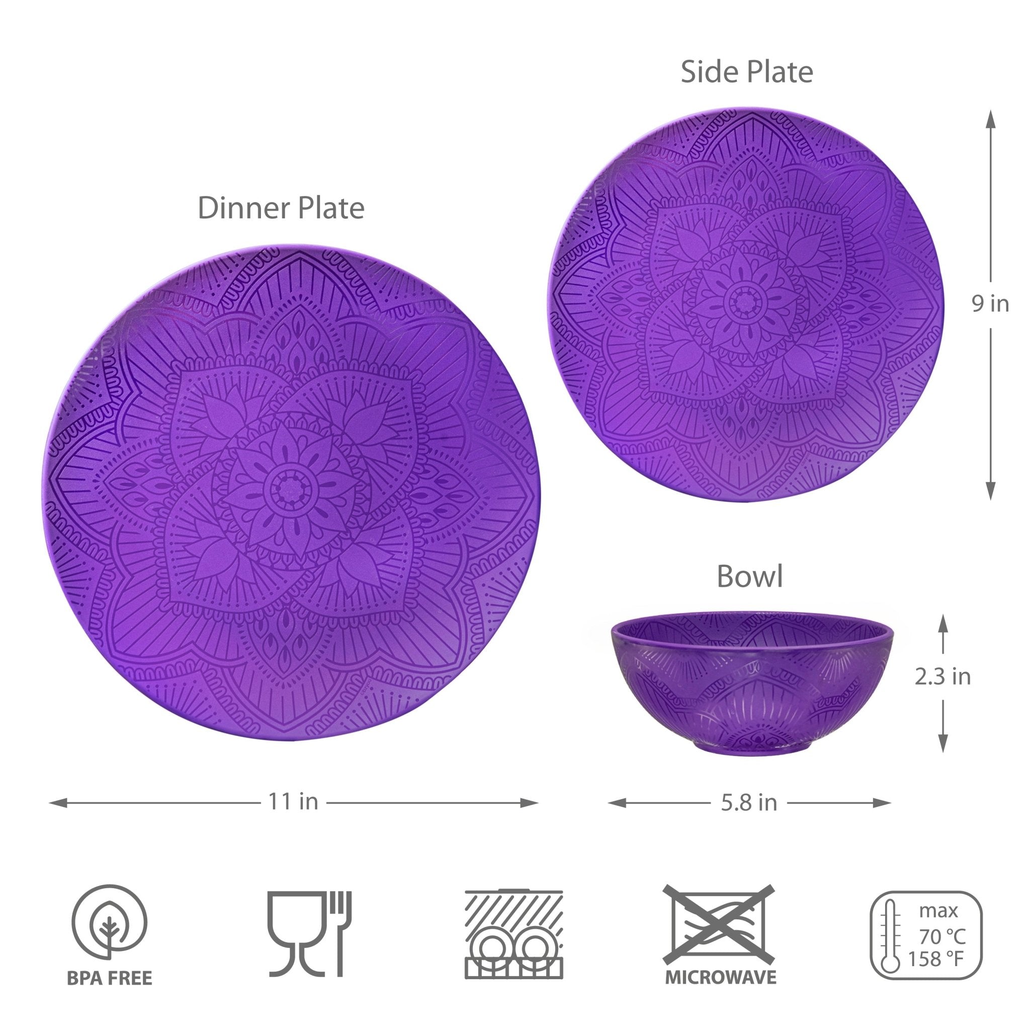 12-Piece La La Mandala Melamine Dinner Plate Set - Durable Purple Plates for Outdoor Picnics, Parties & Home Decor