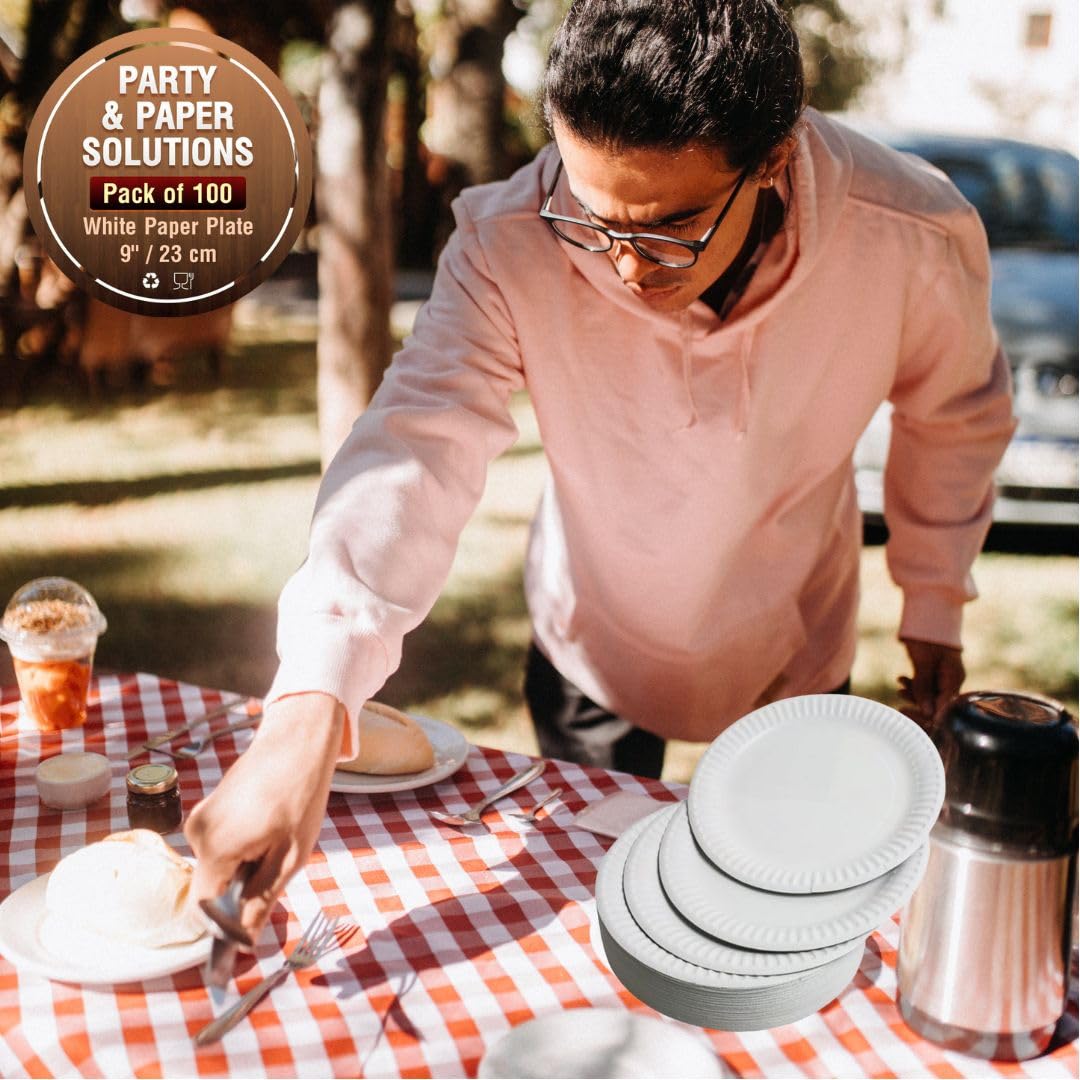 100 White Paper Plates 9 Inch (23cm) - Heavy Duty Disposable Plates for Hot & Cold Food - Perfect for Parties, Picnics, BBQs & Catering Events