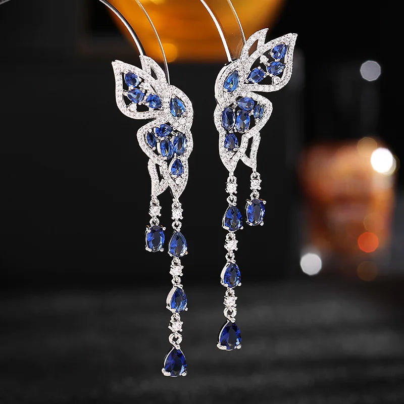 Sparkling Cubic Zirconia Butterfly Water Drop Tassel Earrings for Women - Elegant Bridal Wedding Jewelry Accessories - Perfect for Evening Parties, Prom & Special Occasions