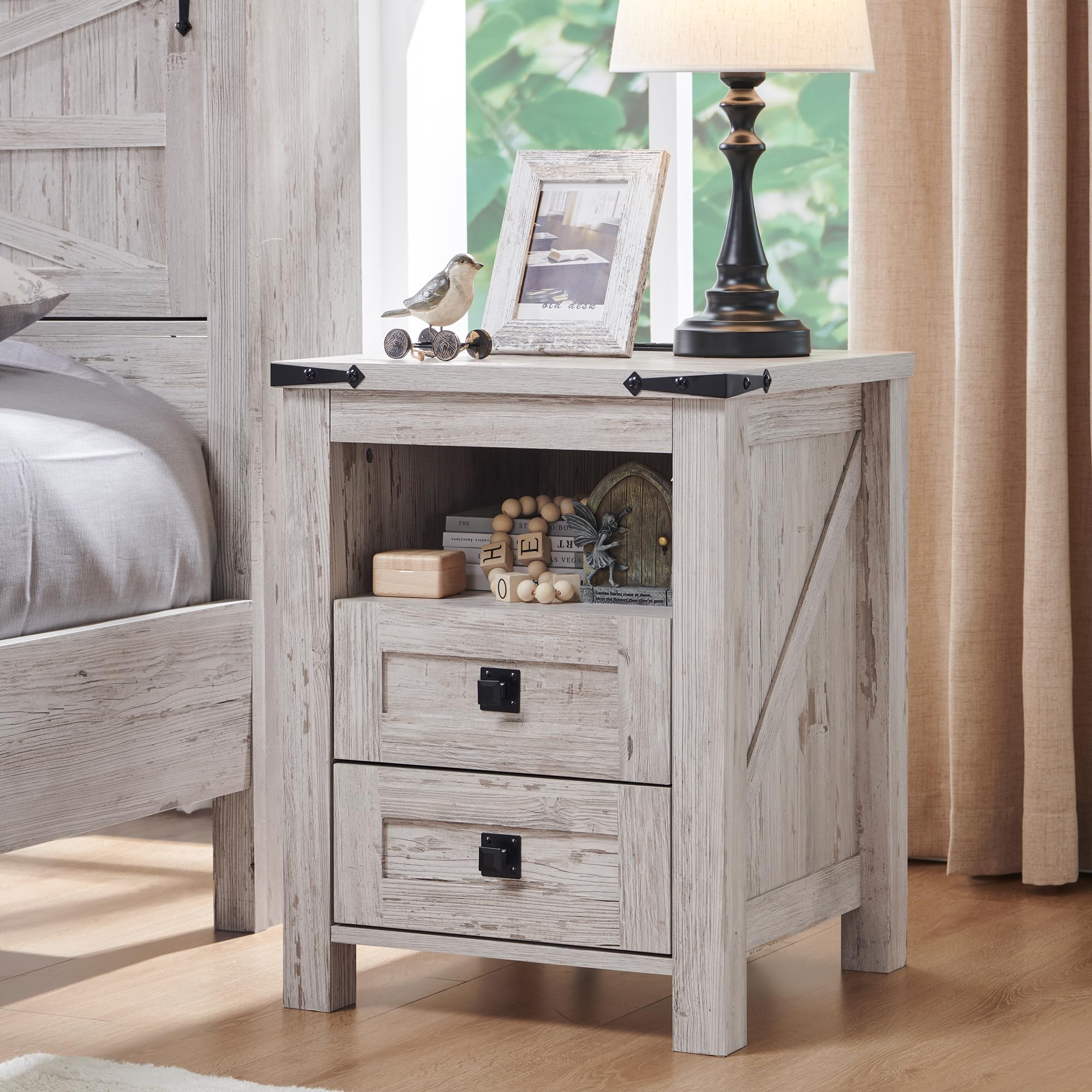T4TREAM Nightstand with USB Charging Station, 2-Drawer Storage Cabinet - Rustic Wood End Table for Bedroom, Living Room & Farmhouse Decor - Antique White Finish | Perfect Bedside Table with Phone Charger & Storage Space