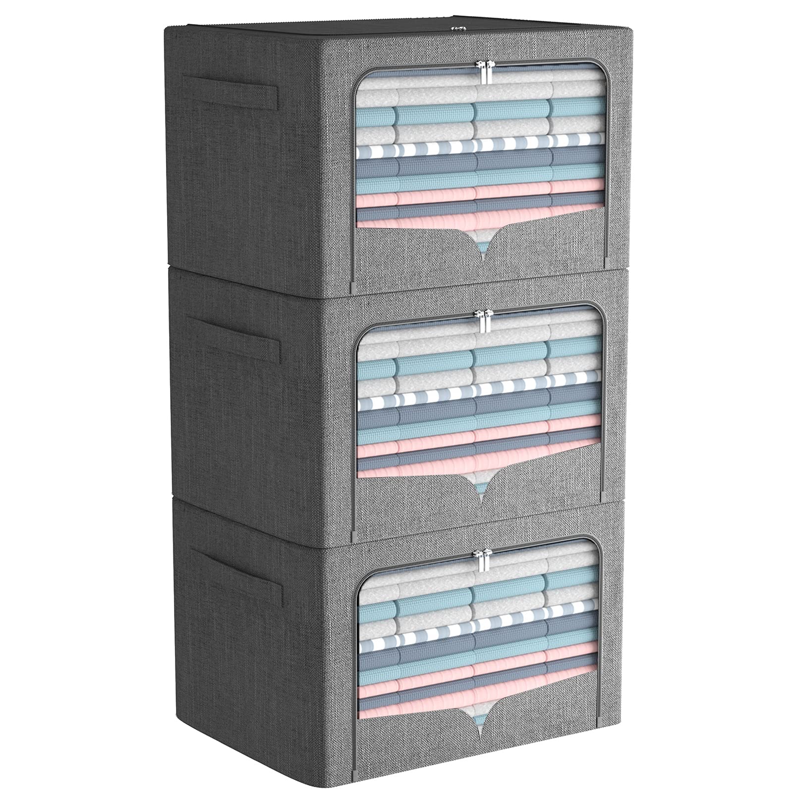 3 Pack Foldable Metal Frame Storage Bins - Stackable Linen Fabric Clothes Organizer with Clear Window & Handles (Dark Gray, 19.7x15.7x12.6inch/66L) - Perfect for Closet, Bedroom, Dorm & Laundry Room Organization