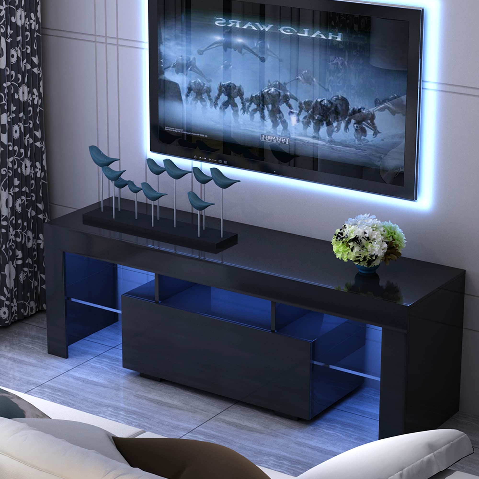 WERSMT Black TV Stand with LED Lights, Modern High-Gloss Entertainment Center for 55-60 Inch TVs - 2 Glass Open Shelves & Storage Drawer | Perfect for Living Room, Bedroom & Home Theater Setup