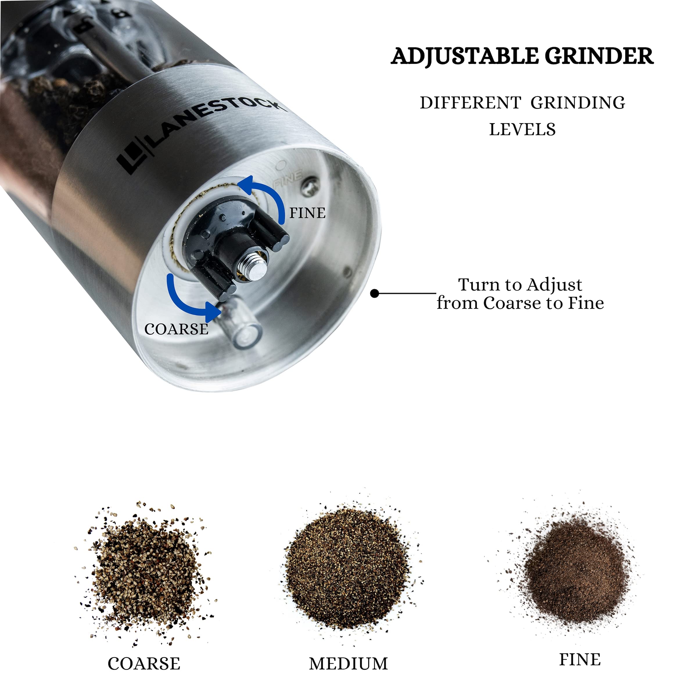 Premium Electric Salt and Pepper Grinder Set by Lanestock - Battery Operated Stainless Steel Spice Mills with Stand - Adjustable Coarseness & Built-in LED Light - Powerful Motor for Long-Lasting Performance - Perfect for Kitchen, Dining Table, and Restaurant Use
