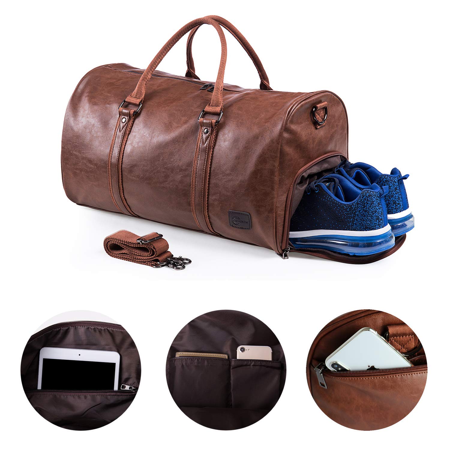 Premium Leather Travel Bag with Detachable Shoe Compartment | Waterproof Weekender & Overnight Duffle Bag for Men & Women (Brown) | Perfect for Gym, Business Trips & Weekend Getaways