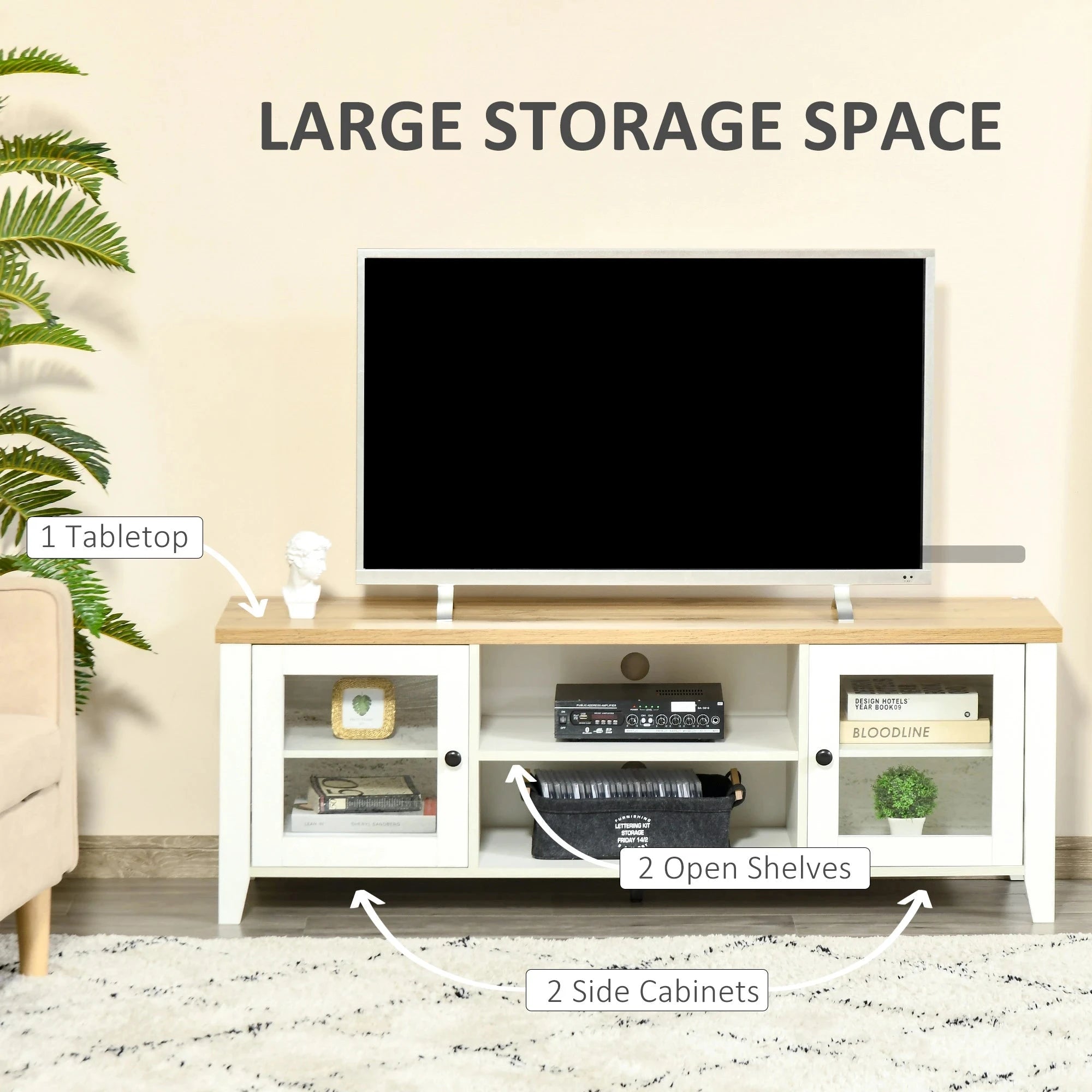 Modern TV Stand for Up to 60 Inch TVs - Sturdy Wooden Entertainment Center with Storage Shelf (Black/White/Walnut) - Perfect for Living Room, Bedroom & Home Theater Setup