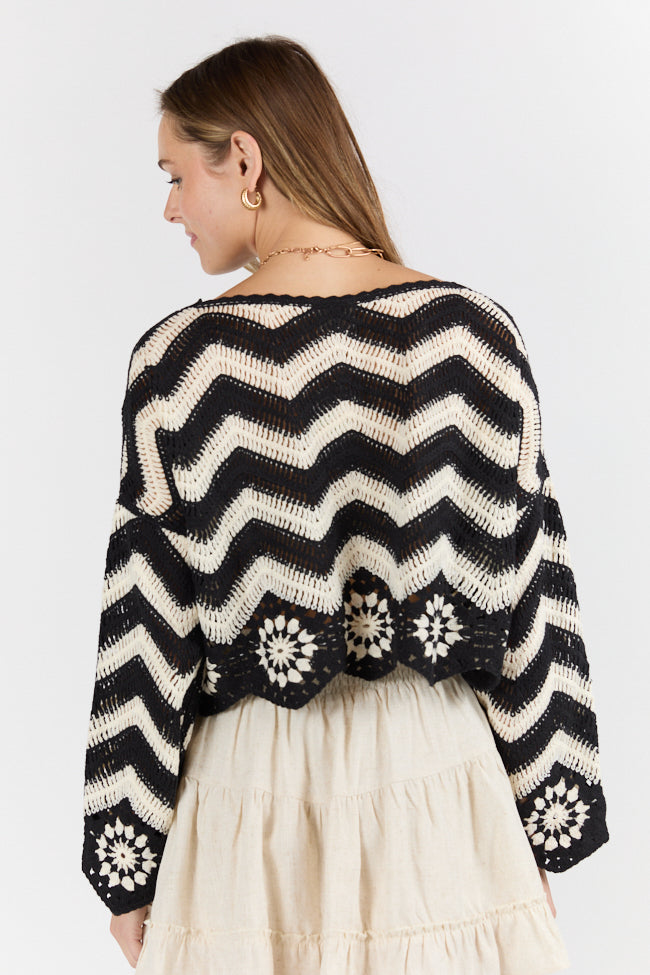 Saltwater Nights Black and Ivory Crochet Sweater for Women | Boho Beach Cover Up | Perfect for Summer Evenings & Vacation Outfits