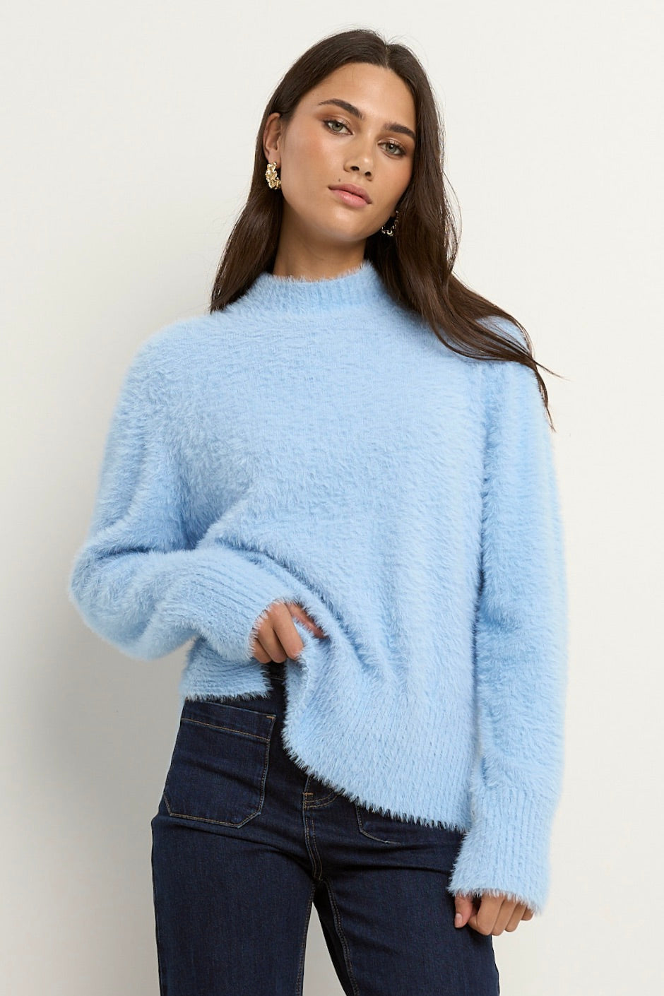 Ice Blue Funnel Neck Sweater for Women - Soft Knit Pullover Winter Jumper - Cozy Casual Wear for Office, Date Night & Holiday Outfits
