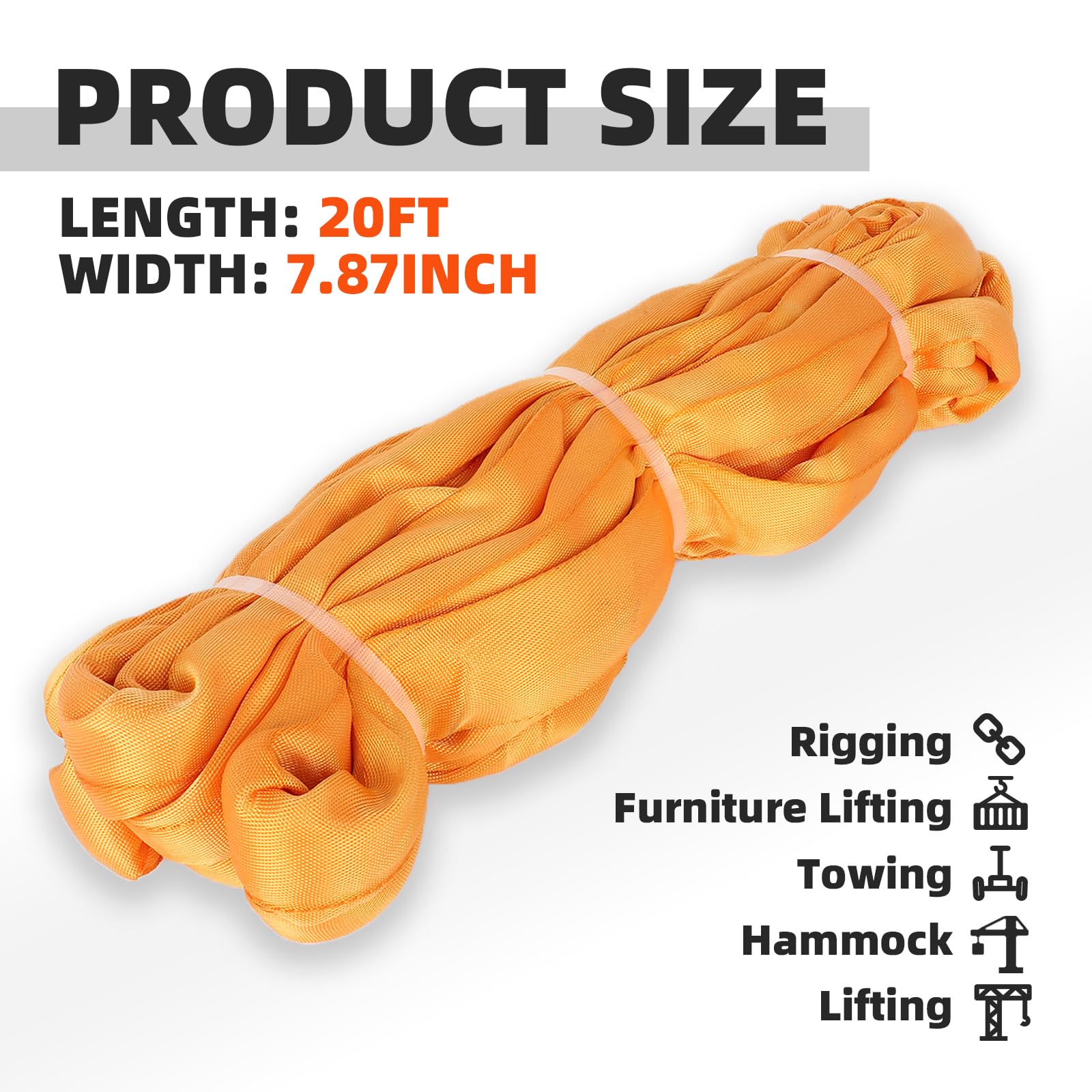 Heavy Duty 20FT Polyester Round Lifting Sling - 22,046 Lbs Vertical, 17,636 Lbs Choker & 44,092 Lbs Basket Capacity - Durable Endless Loop Sling for Construction, Towing & Industrial Lifting