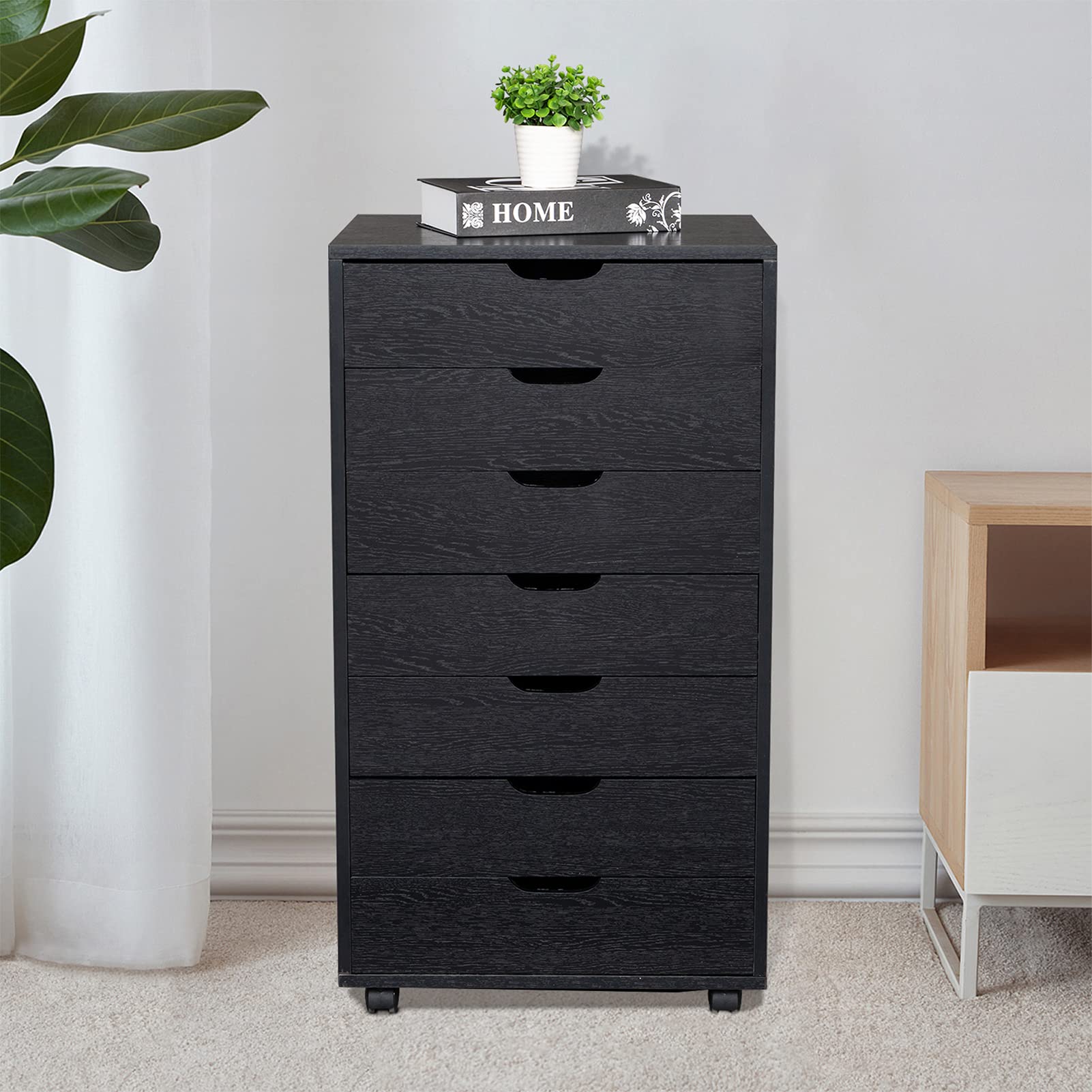 LIYUEUS 7-Drawer Mobile Vertical Wooden Filing Cabinet with Wheels - Letter/A4 Size File Organizer for Office, Home, or School (Black) - Perfect for Document Storage and Organization