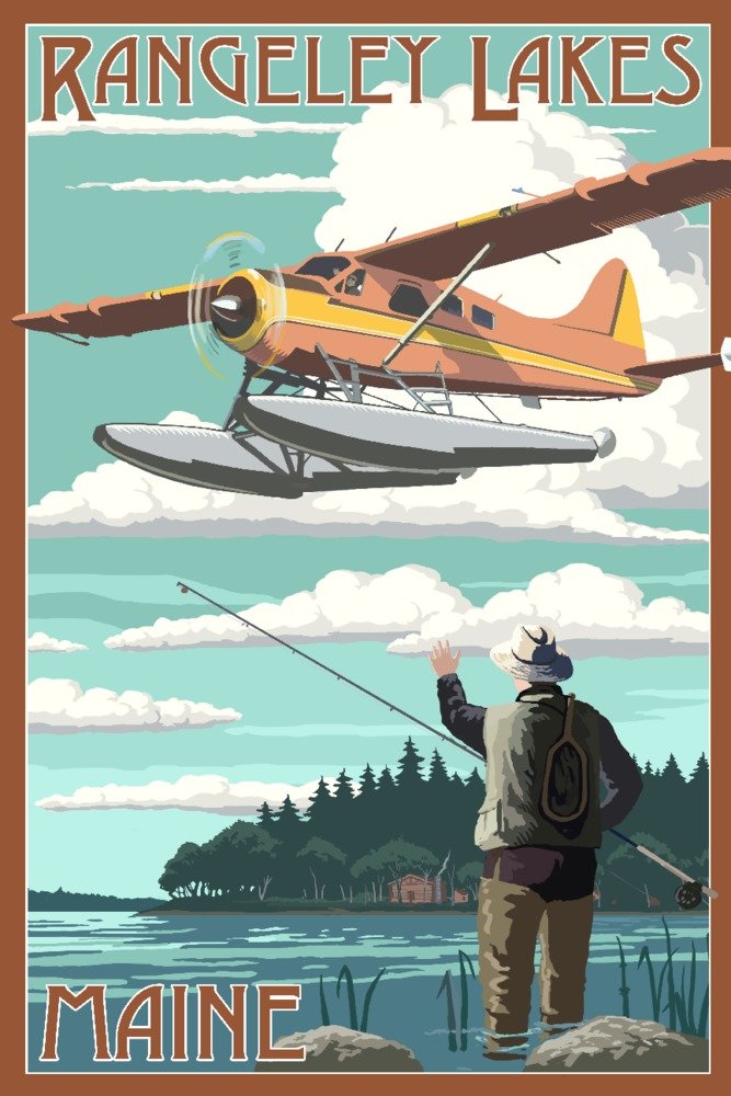 Signed Rangeley Lakes Maine Float Plane & Fisherman Art Print - 24x36 Wall Decor Poster for Home, Office & Cabin Decor - Vintage Aviation & Fishing Scene