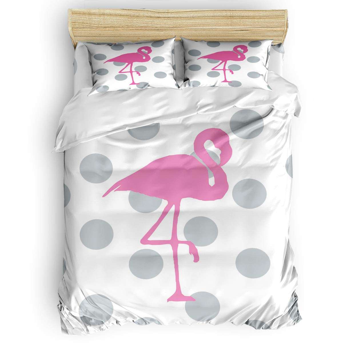 Royalreal 4-Piece Modern Microfiber Duvet Cover Set - Ultra Soft Twin Size Bedding with Zipper Closure & Corner Ties - Pink Flamingo Silhouette Polk Dot Design for Girls' Room, Teen Bedroom & Tropical Themed Decor