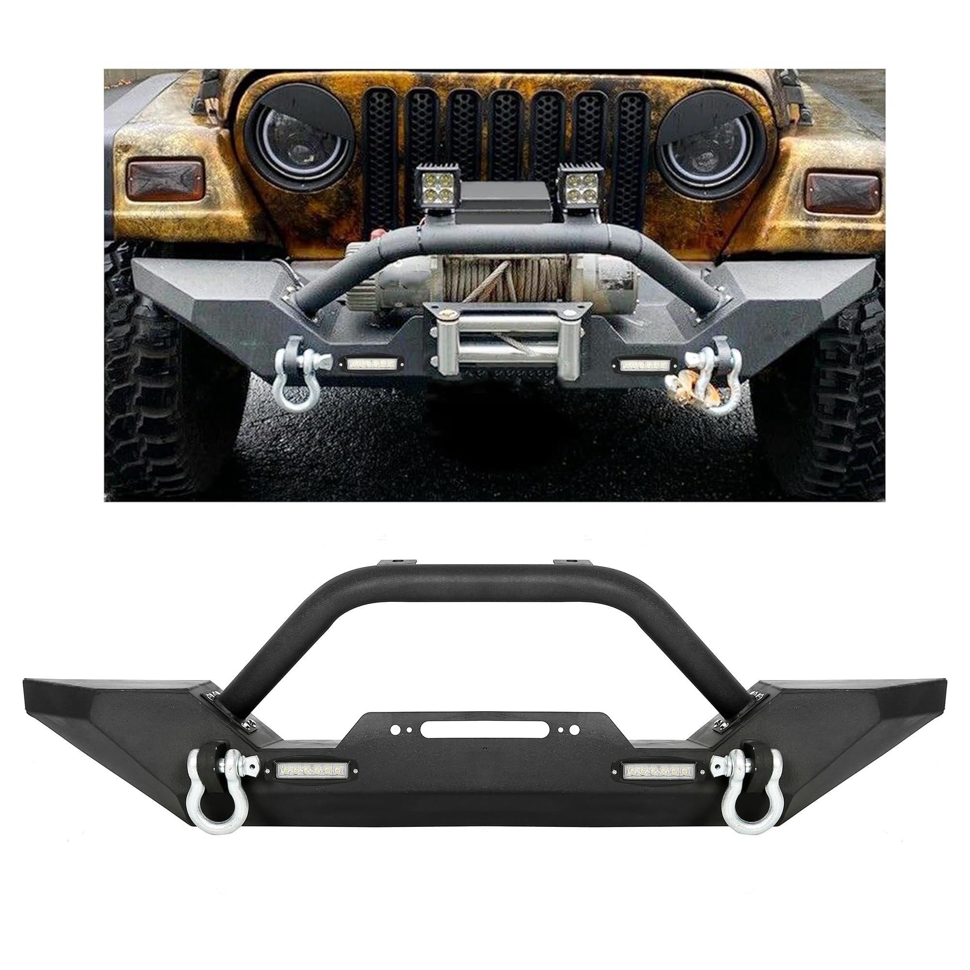 KUAFU Black Front Winch Bumper with D-Rings & 2 LED Lights for 1986-2006 Jeep Wrangler TJ YJ | Off-Road Adventure & Heavy-Duty Towing Accessory
