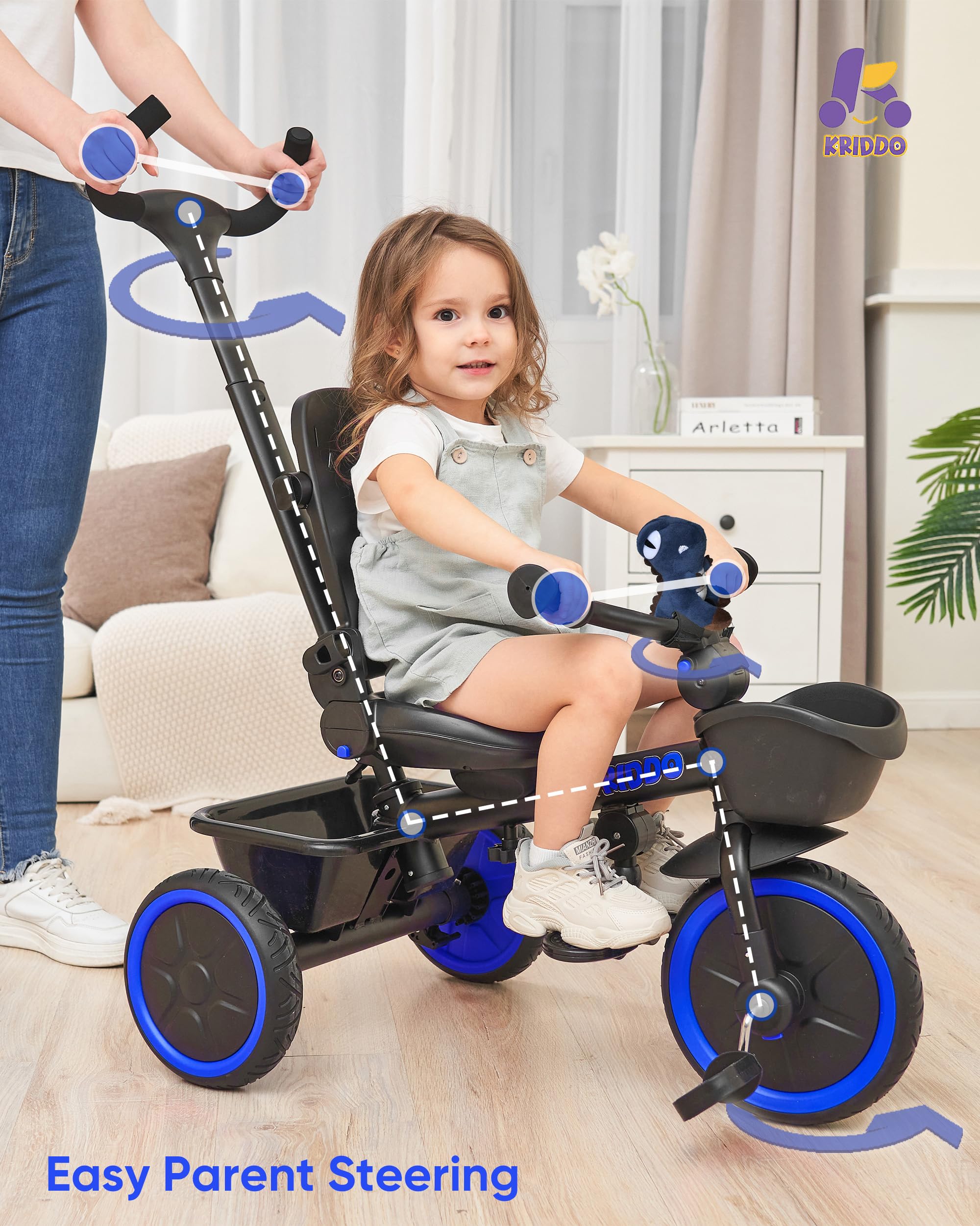 KRIDDO 7-in-1 Convertible Toddler Tricycle Stroller - Adjustable Push Handle, 360° Rotating Seat with Cup Holder & Retractable Canopy - Foldable Baby Trike for Kids 18 Months to 5 Years - Perfect for Park Rides, Neighborhood Walks and Outdoor Family Adventures
