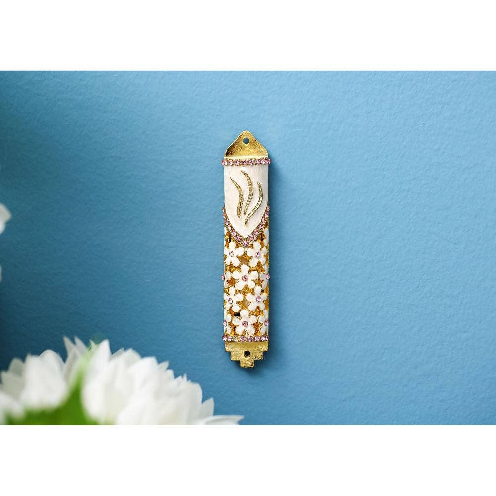 Hand Painted Enamel Mezuzah - 4.25 Inch Jewish Home Blessing Scroll Case for Doorways - Traditional Hebrew Housewarming Gift for New Home & Jewish Holidays