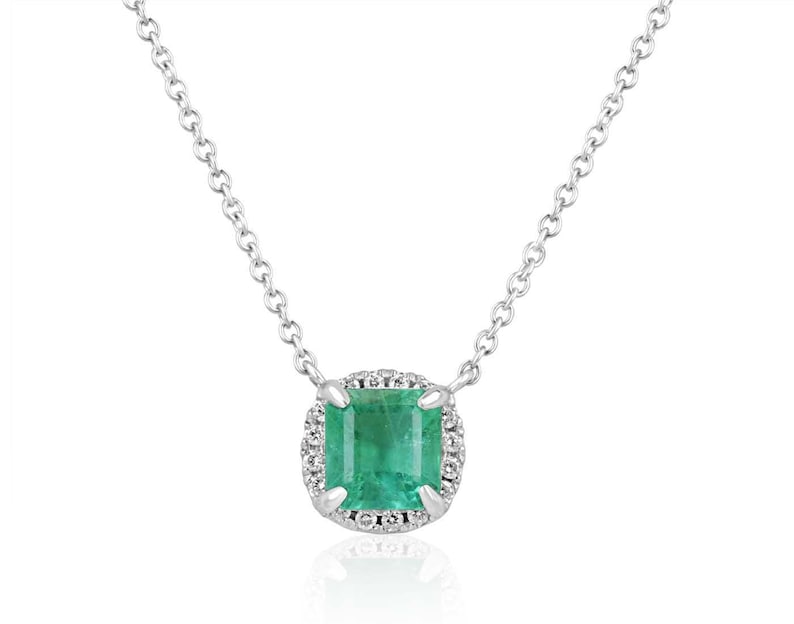 1.03 TCW Light Medium Green Asscher Cut Emerald & Diamond Adjustable Halo Necklace - Elegant Jewelry for Women, Perfect for Weddings, Anniversaries & Special Occasions