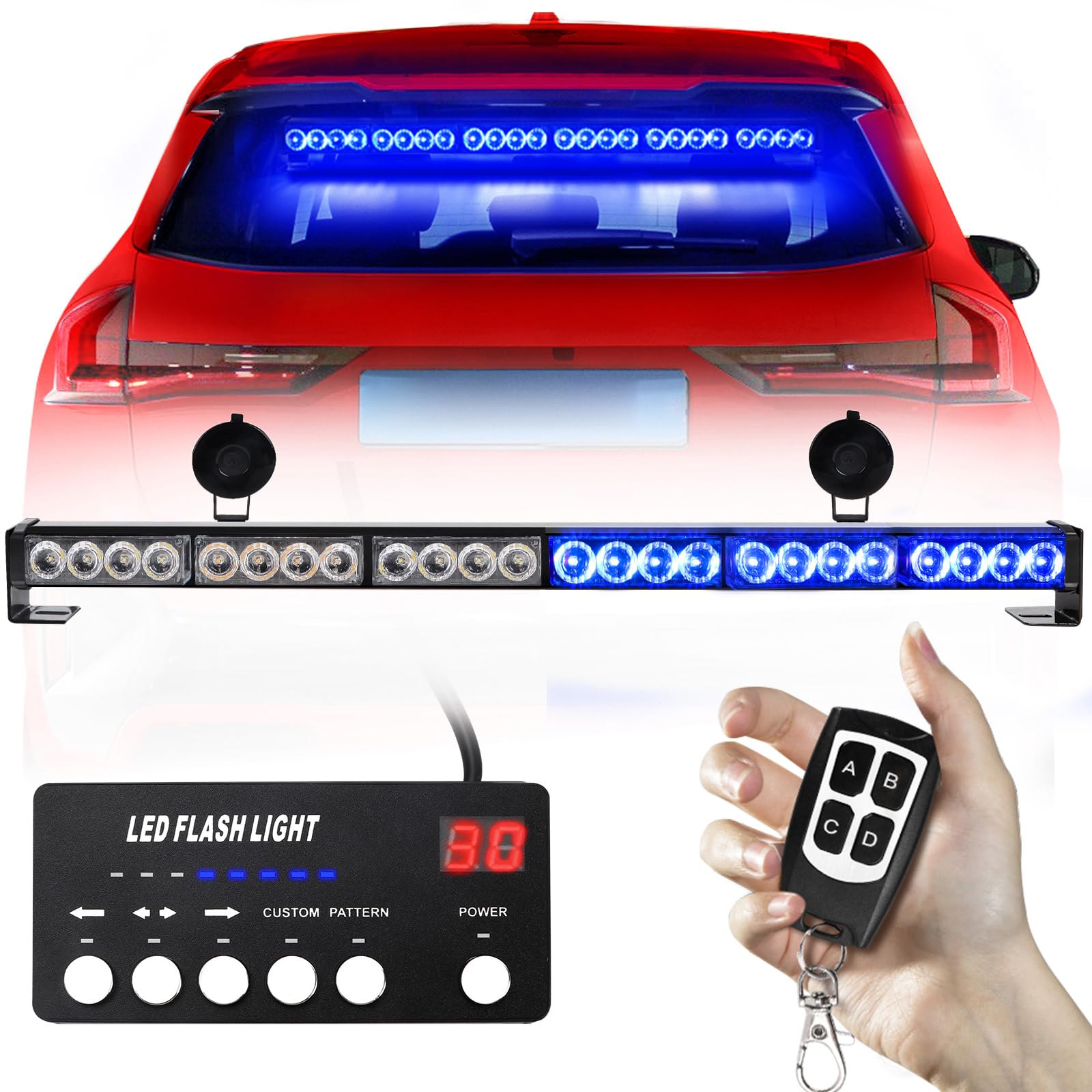 Emergency Blue LED Strobe Lights for Firefighters & Traffic Safety - 27 Inch 6-Panel Wireless Remote Control Warning Lights with Suction Mount for Vehicles | Roadside Emergencies, Construction Zones & First Responder Use