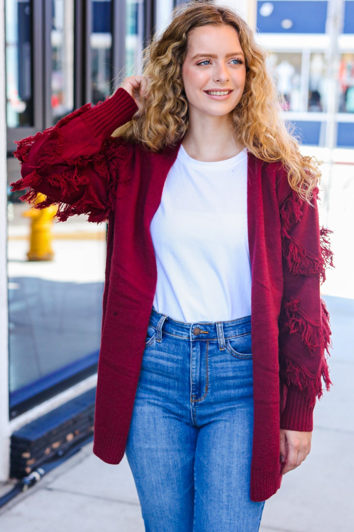 Stylish Burgundy Fringe Detail Knit Cardigan for Women | Elegant Open Front Sweater | Perfect for Fall Outfits, Date Nights & Office Wear