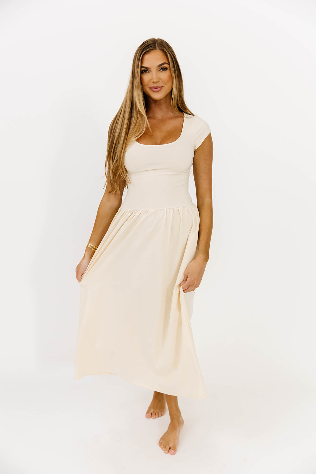 Larissa Women's Cap Sleeve Midi Dress in Ecru - Elegant Casual Summer Dress for Beach, Wedding & Party Occasions