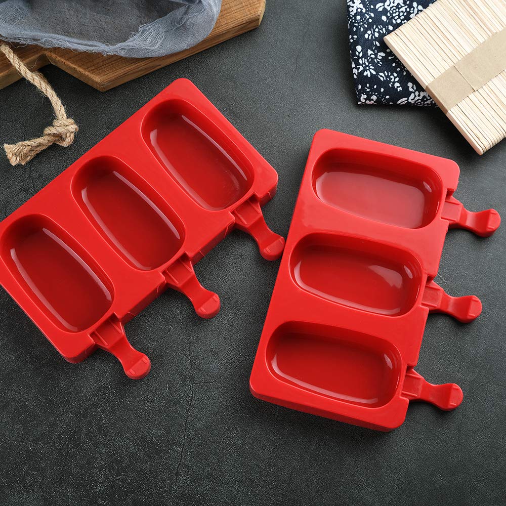 BPA-Free Silicone Popsicle Molds with Lid - 3 Cavity Homemade Ice Cream Bar Maker, DIY Cakesicle & Ice Pop Mold Kit with 50 Wooden Sticks (Set of 2, Oval Shape) - Perfect for Summer Treats, Kids Snacks, and Party Desserts