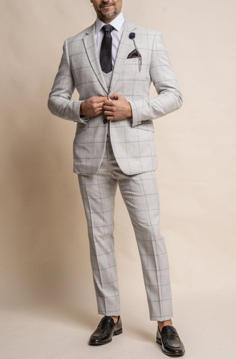 Cavani Radika 3-Piece Light Gray Check Tweed Suit for Men - Formal Business Attire, Office Wear & Wedding Outfit