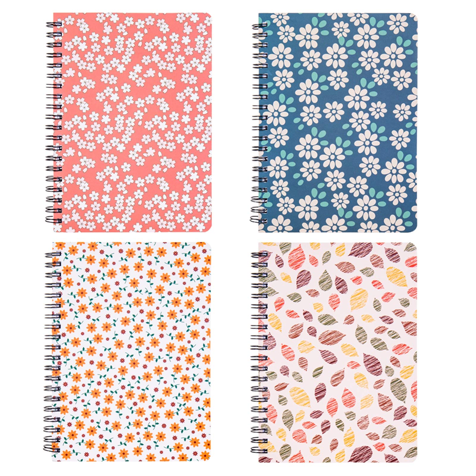 5×7 Inch Spiral Notebooks 4-Pack - College Ruled Flower Journals for Women & Girls, 320 Sheets/640 Pages with Inner Pocket - Perfect for School, Office, Note Taking & Gift Giving