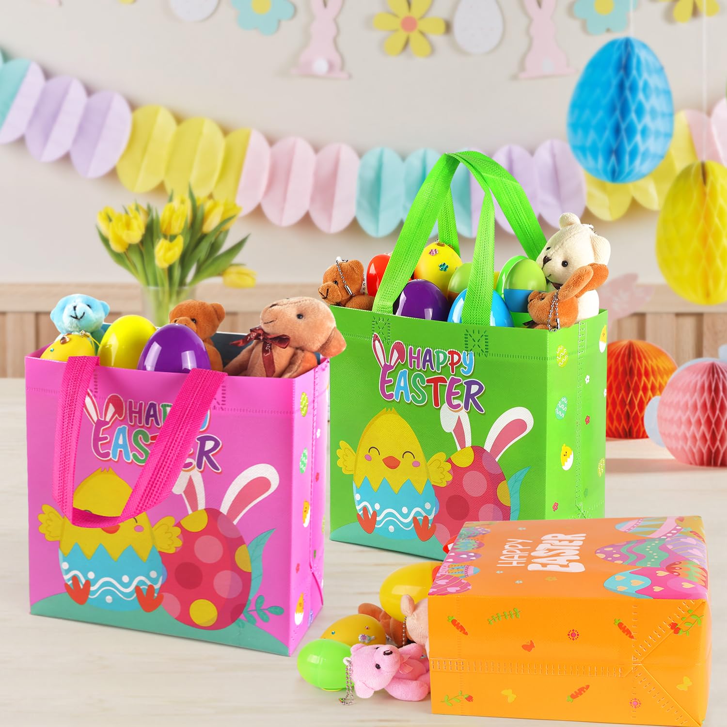 16PCS Reusable Easter Gift Bags with Handles - Non-Woven Easter Egg Hunt Treat Bags for Party Favors, Candy & Goodies | Easter Basket Fillers, Holiday Gift Wrapping & Spring Party Supplies