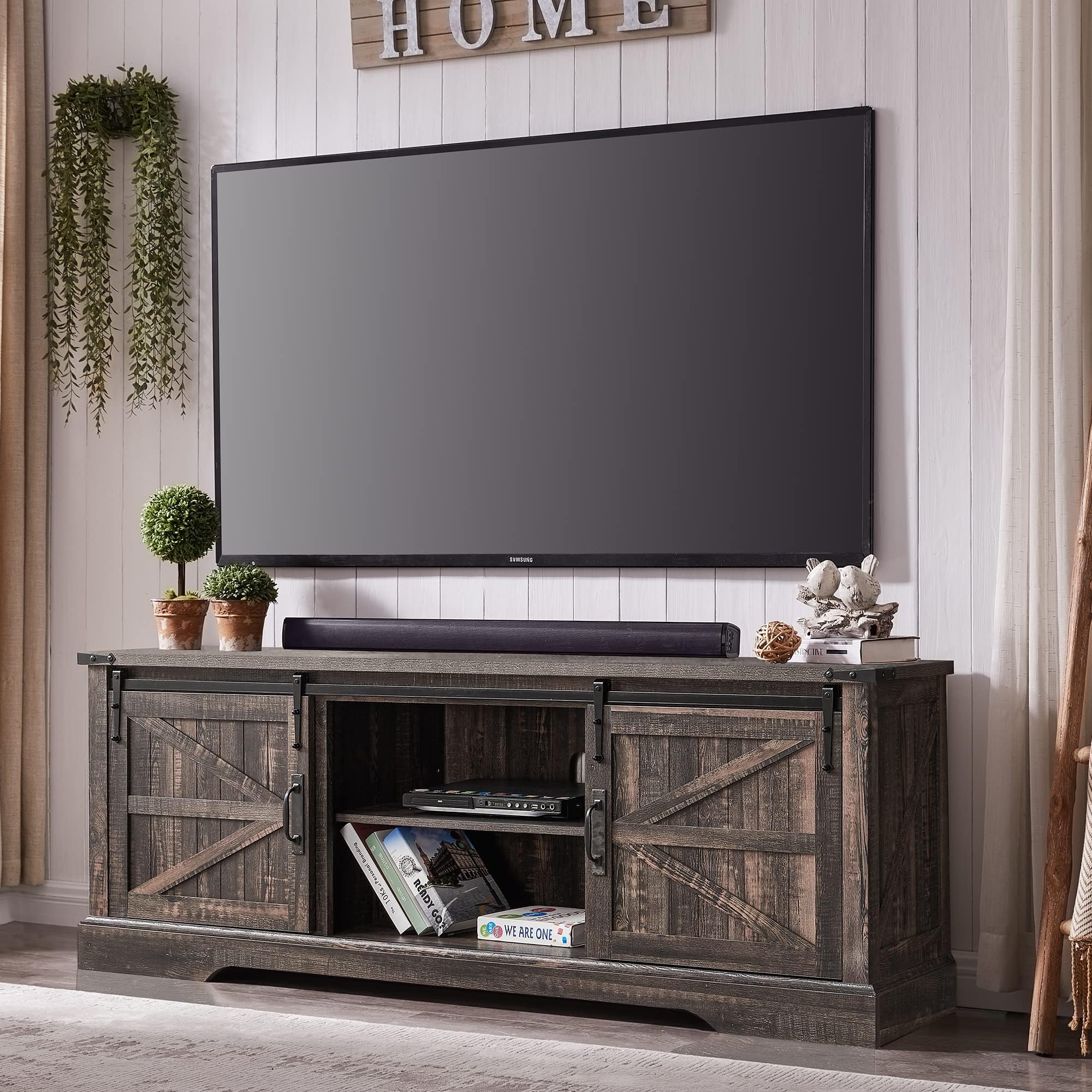 Rustic Farmhouse TV Stand for 75 Inch TV - Wood Entertainment Center with Sliding Barn Doors & Storage Shelves - Dark Oak Media Console Cabinet for Living Room, Home Theater, and Family Room Decor