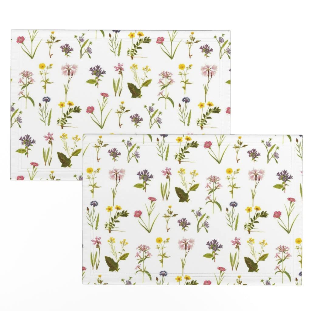 Spoonflower Linen Cotton Canvas Placemats Set of 2 - Antique Wildflowers Floral Meadow Watercolor Botanical Daisy Vintage Print Table Mats for Dining Room Decor, Kitchen Table Setting, and Party Tableware