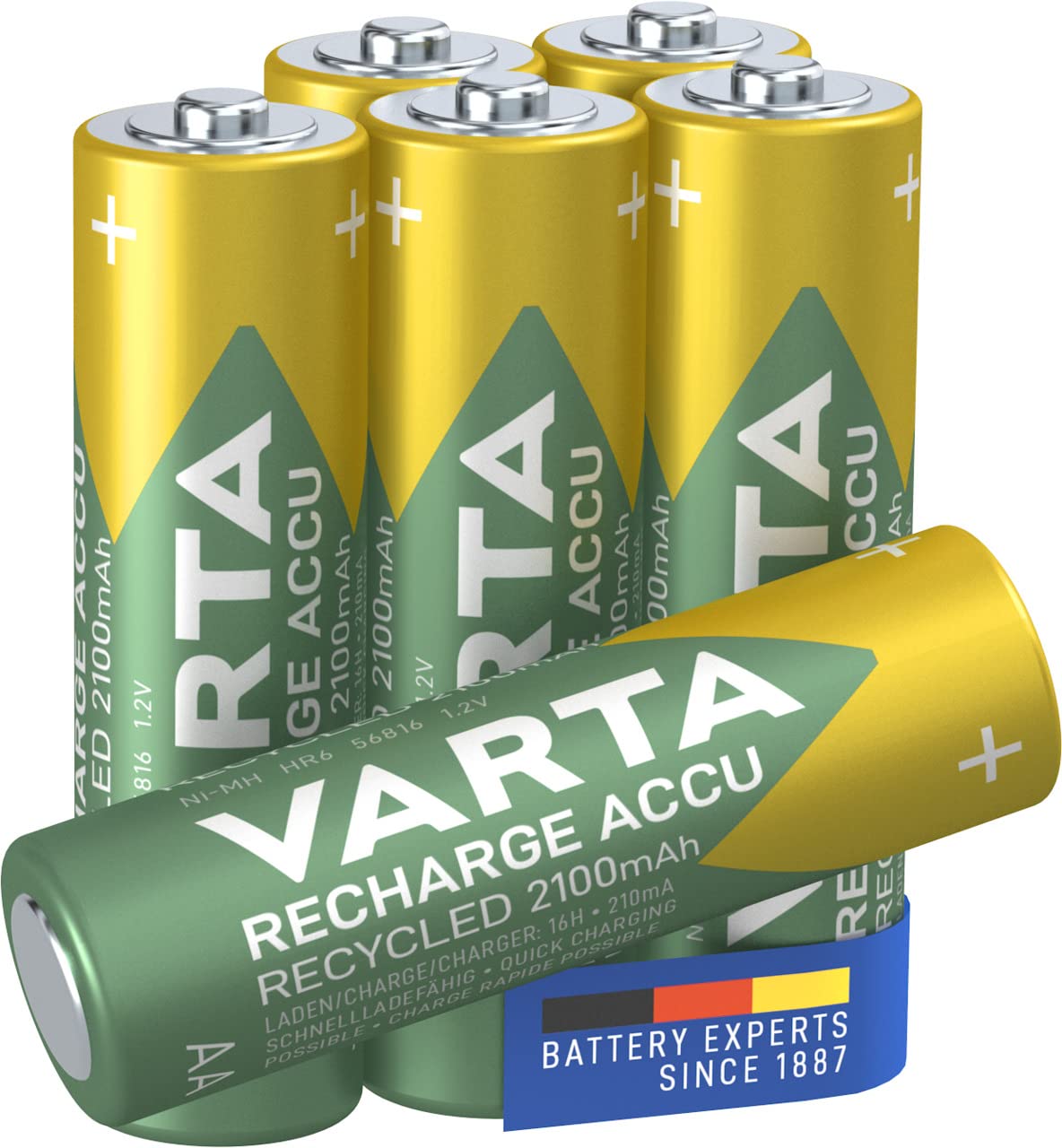 VARTA Rechargeable AA Batteries 2100mAh Ni-MH - 6 Pack with 21% Recycled Materials | Pre-Charged & Ready to Use | Perfect for Cameras, Toys, Flashlights & Electronics