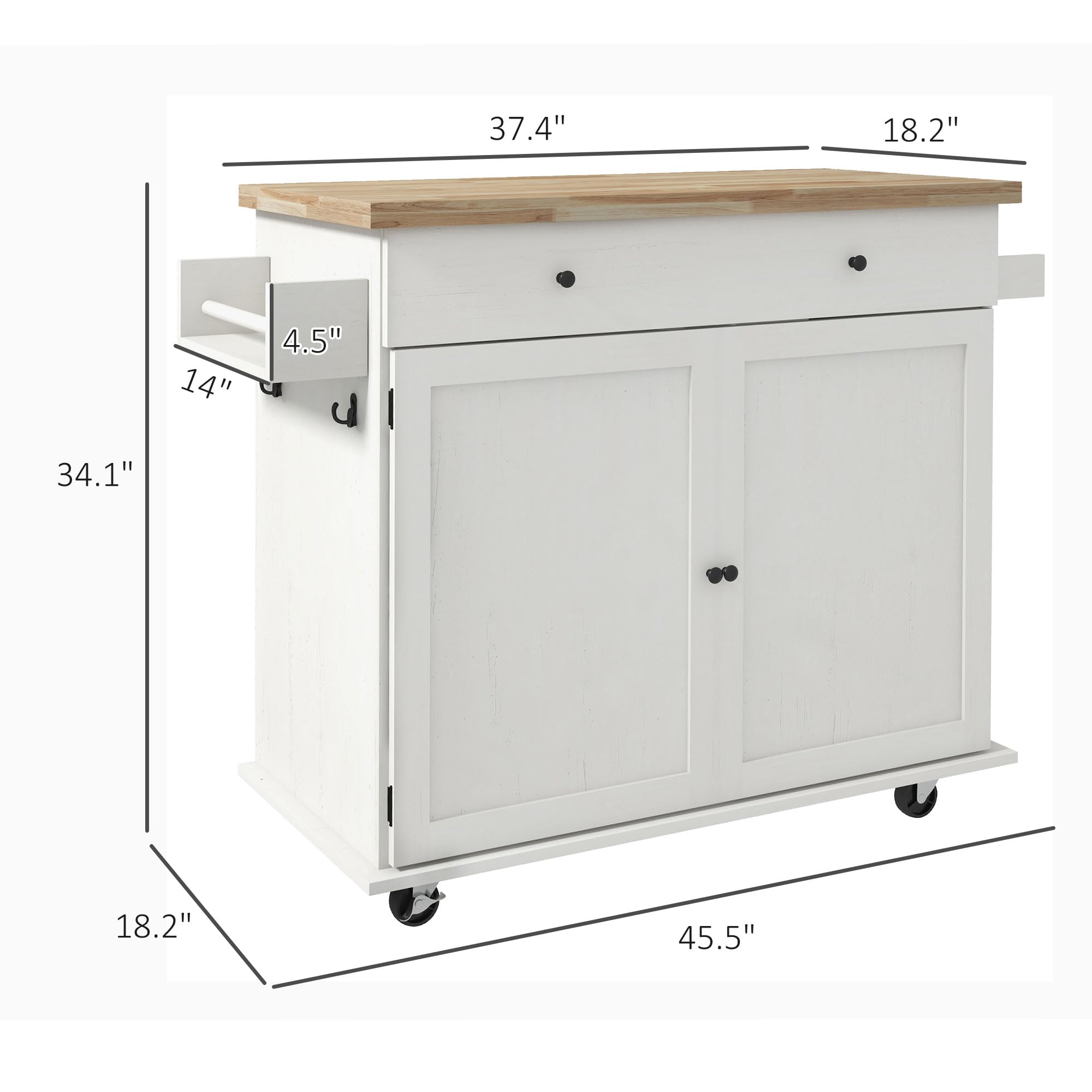 Farmhouse Style Rolling Kitchen Island Cart with Storage - White Distressed Rubberwood Top, 2 Cabinets, Drawer & Spice Rack | Mobile Kitchen Organizer with Towel Racks & Hooks for Small Spaces, Apartment Cooking & Dining Room Serving