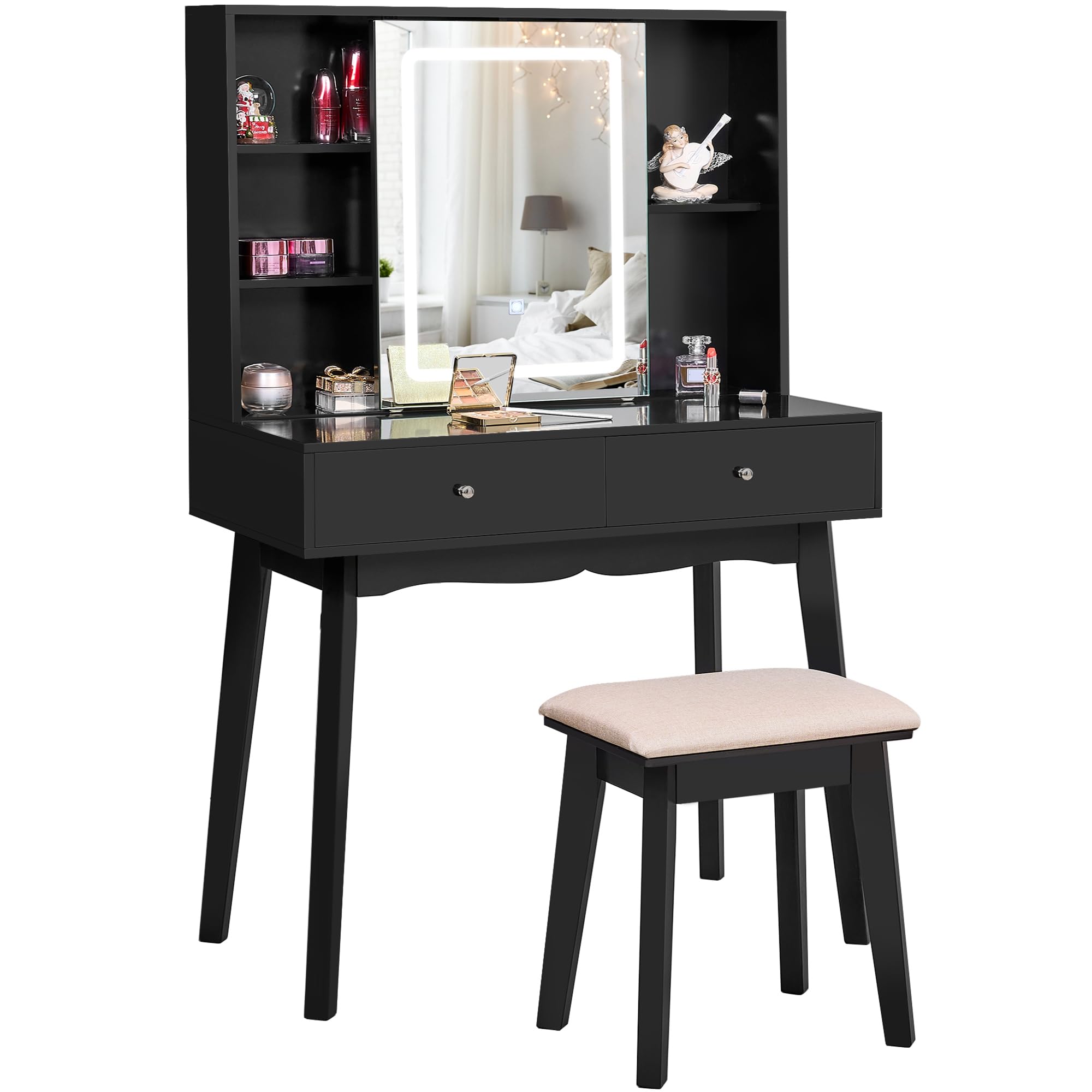 BEWISHOME Black Vanity Desk with Mirror & LED Lights - 3 Color Modes, Makeup Dressing Table with 2 Drawers & Storage Cabinet, Small Vanity Set for Women & Girls | Perfect for Bedroom, Dorm Room & Beauty Salon