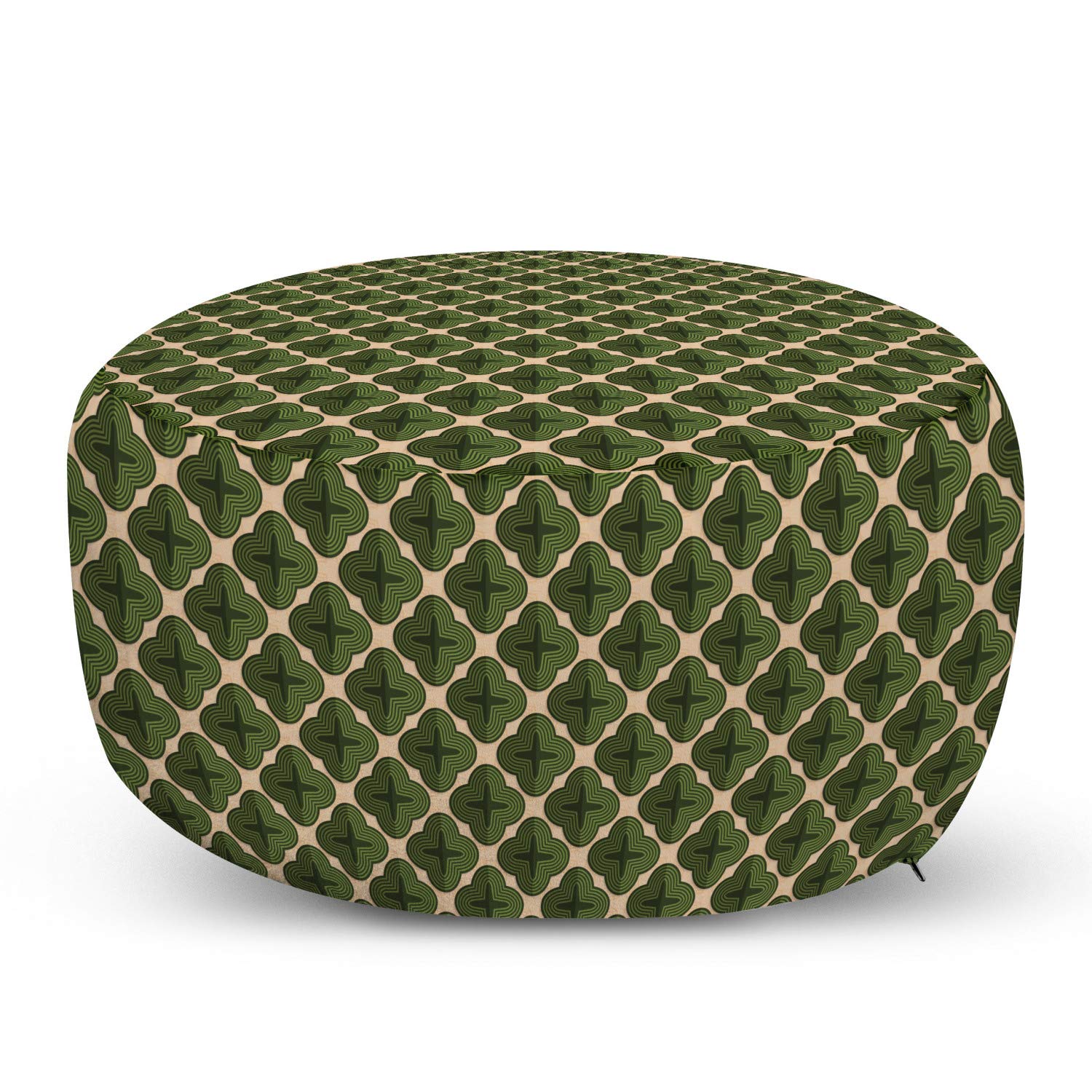 Ambesonne Abstract Ottoman Pouf with Retro Geometric Patterns in Earth Tones - Soft Decorative Footrest with Removable Cover for Living Room & Bedroom - Dark Green & Cream - Perfect for Home Decor, Lounge Seating and Extra Guest Seating