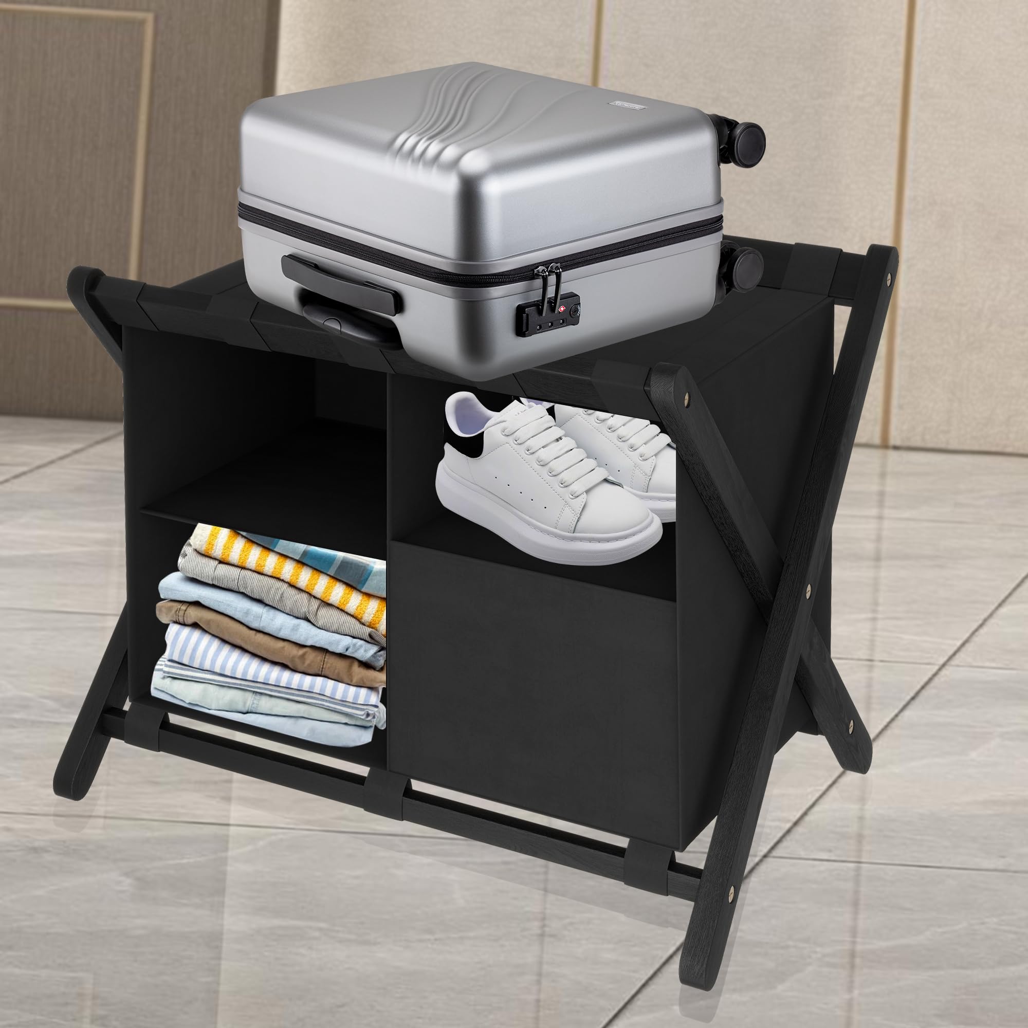 Heybly Heavy-Duty Bamboo Luggage Rack with Laundry Bag & Storage - 26.4×18.5×20 Inches Suitcase Stand for Bedroom, Guest Room & Hotel Use - Holds up to 141 lb (Black, HLR011B1) - Perfect for Organizing Suitcases, Storing Travel Essentials & Keeping Floors Clean