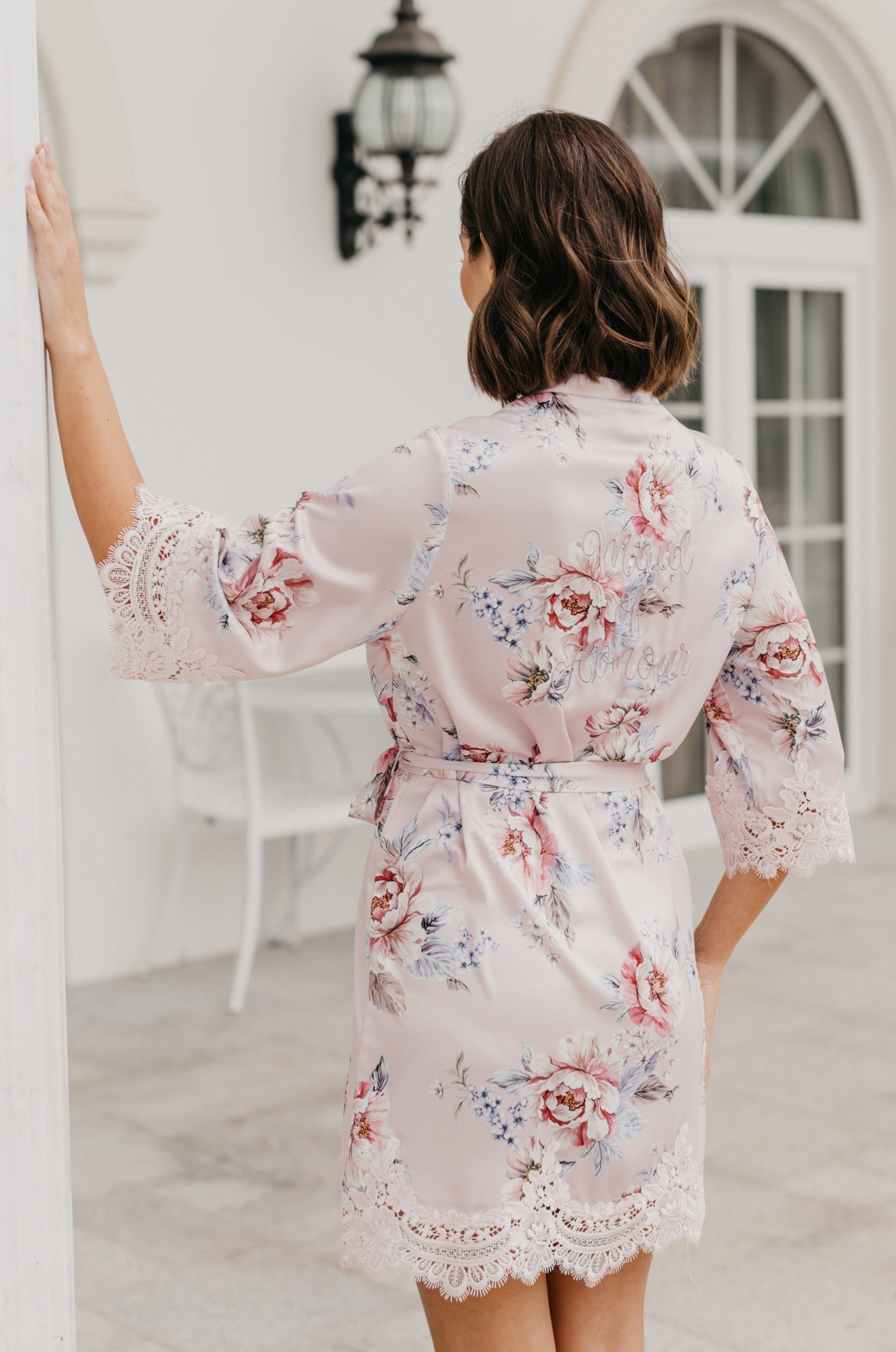 Serena Veiled Rose Printed Lace Trim Satin Robe - Elegant Bridal Lingerie & Boudoir Dress for Wedding Night, Honeymoon & Romantic Occasions