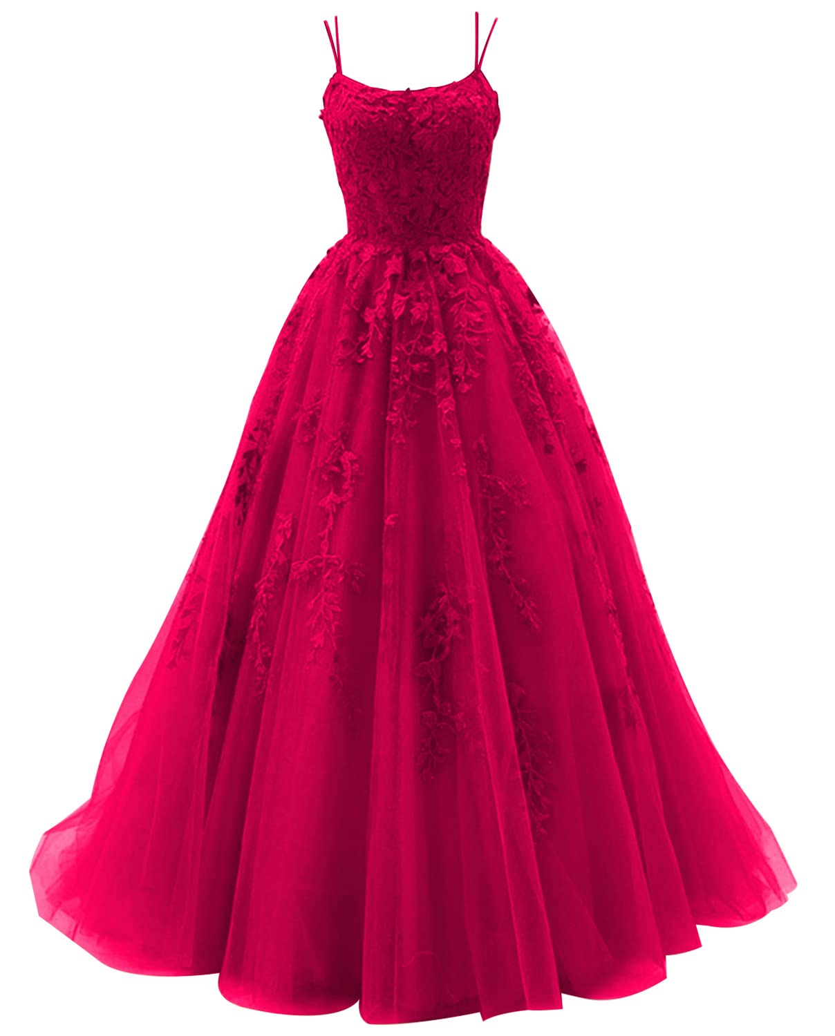 Elegant Spaghetti Strap Prom Dress with Lace Appliques - Ball Gown Wedding Tulle Homecoming Long Dress for Princess Formal Evening Events | Perfect for Prom, Quinceañera, and Black Tie Galas