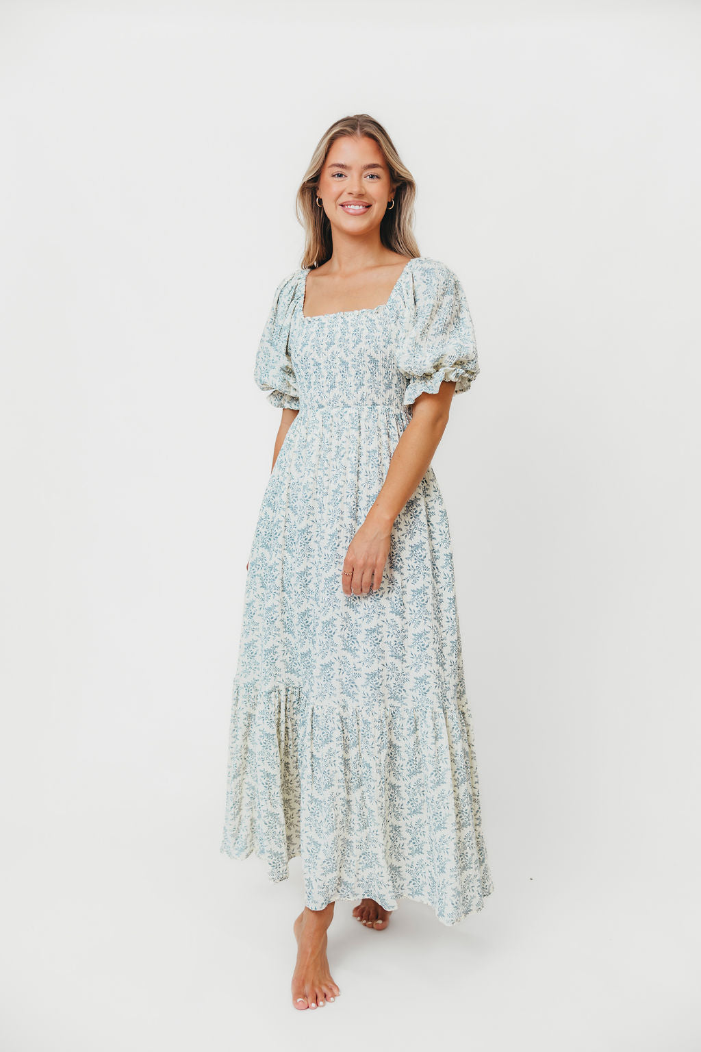 Livvy 100% Cotton Maxi Dress - Blue Foliage Print, Flowy Long Summer Dress for Women, Perfect for Beach Vacations, Garden Parties & Casual Outings