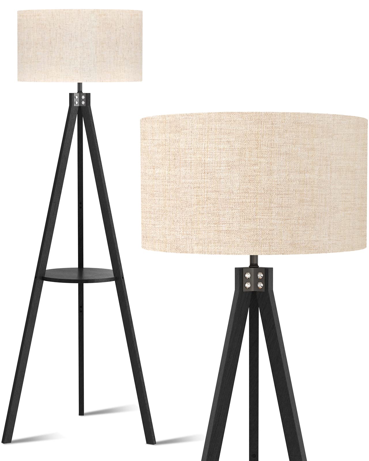 LEPOWER Mid Century Modern Tripod Floor Lamp with Shelf - Wooden Standing Lamp for Living Room, Bedroom, Office - Flaxen Linen Shade with E26 Base (Black) | Perfect for Reading Nook, Home Office Lighting & Cozy Living Room Ambience
