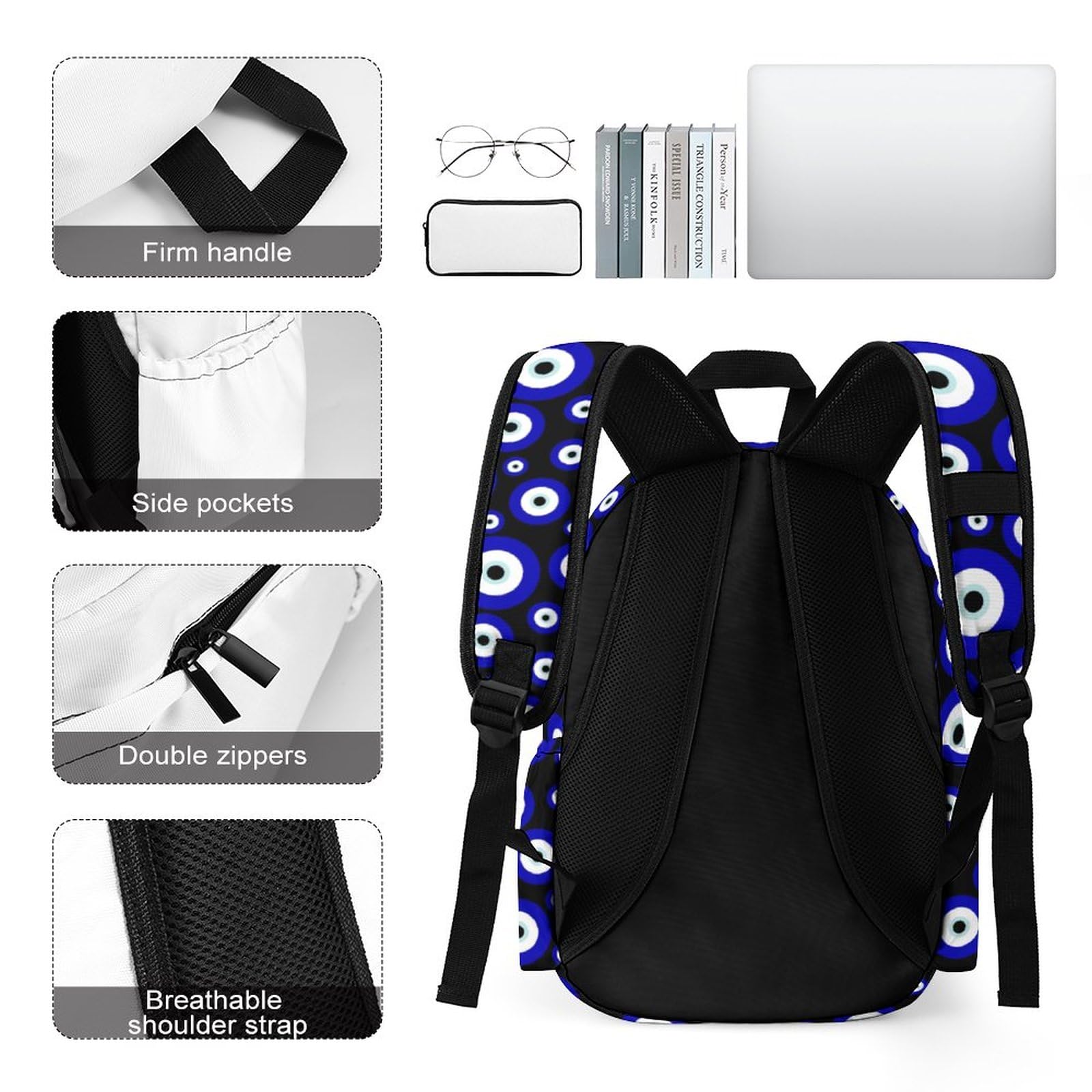 Menriaov Blue Evil Eye Backpack - Waterproof Laptop Backpack for Women & Men, 15.6 Inch Daypack for School, College, Work, Travel & Outdoor Activities - Durable Bookbag with Tablet Pocket
