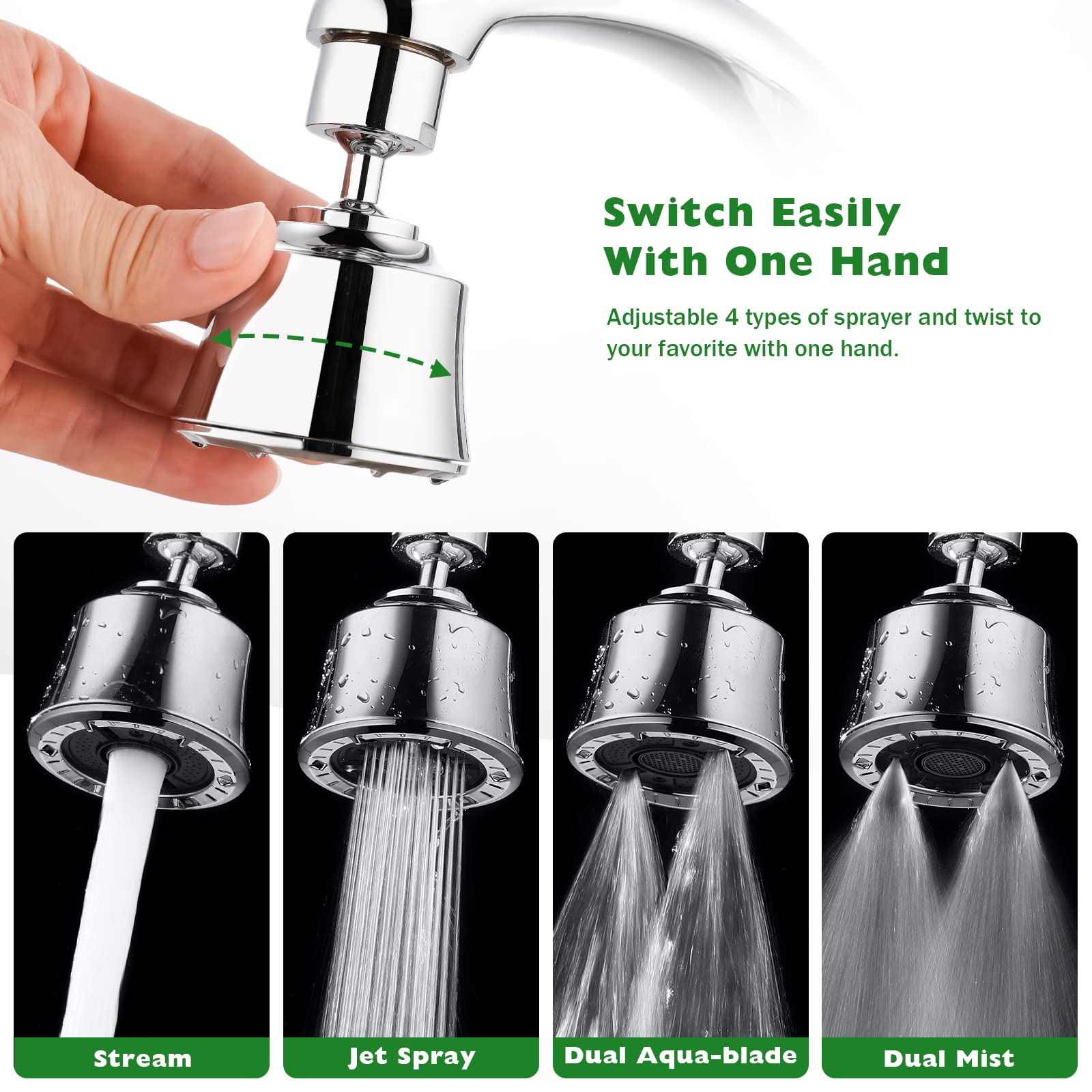 Houtingmaan Kitchen Sink Faucet Aerator with 2 Ball Joints - 4 Spray Modes Swivel Faucet Head Replacement - 55/64-27UNS Female Thread Chrome Finish for Easy Cleaning & Dishwashing