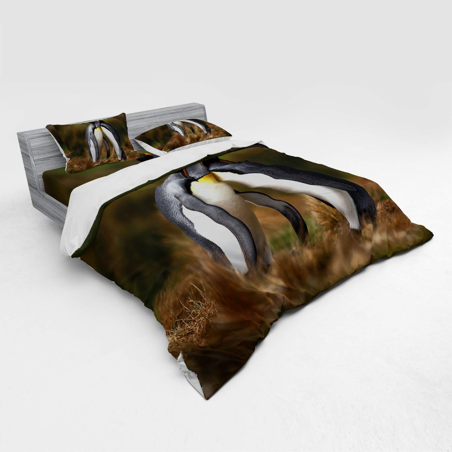 Ambesonne Penguin Couple Duvet Cover Set - King Size 4-Piece Bedding with Shams & Fitted Sheet - Wild Nature Romance Falkland Islands Fauna Design - Perfect for Couples Bedroom, Guest Room & Cozy Winter Nights