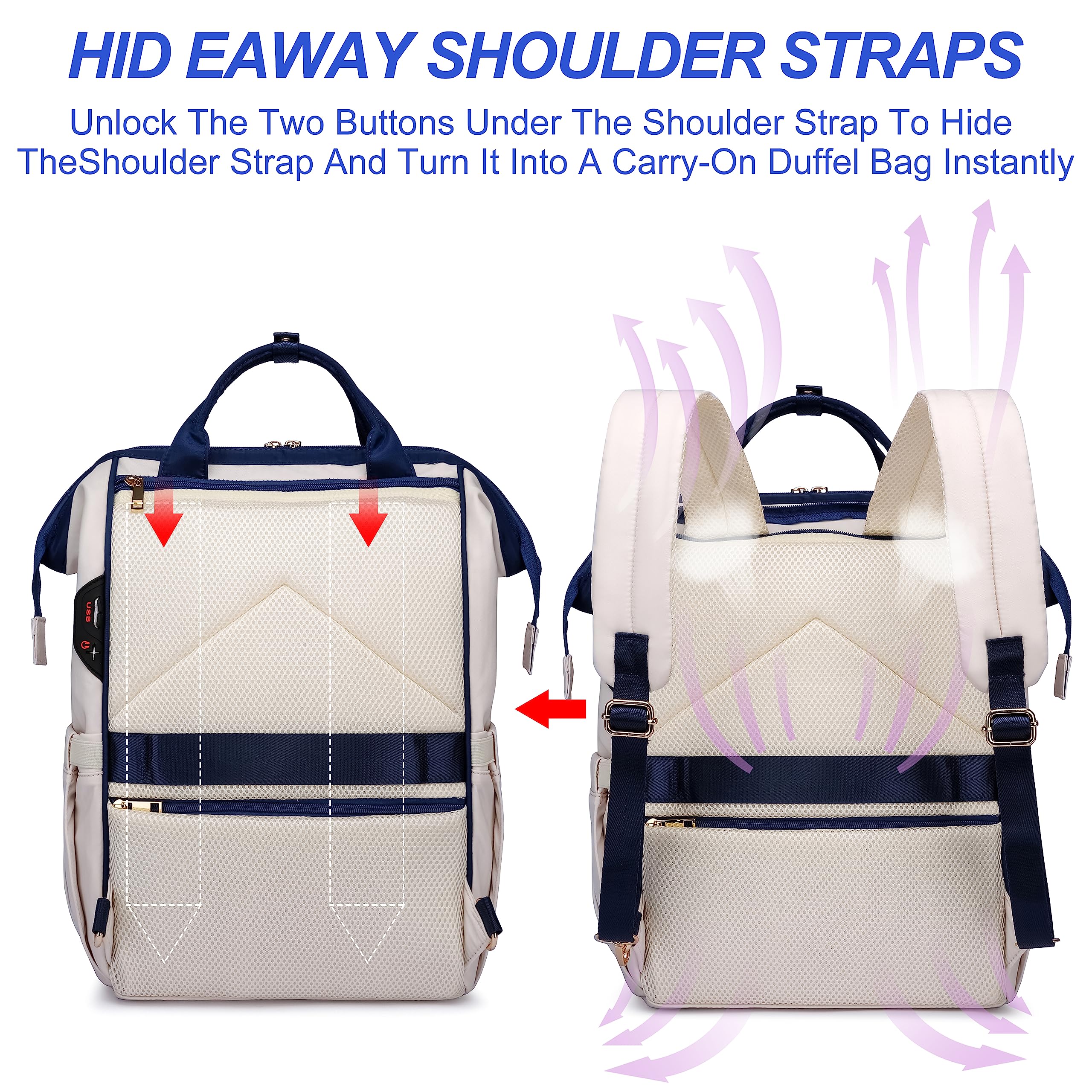 17.3 Inch Laptop Backpack for Women - Stylish USB Charging Travel Backpack with Wide Opening Design, Water-Resistant Business Computer Bag for Work, School & Commuting (Blue-White)