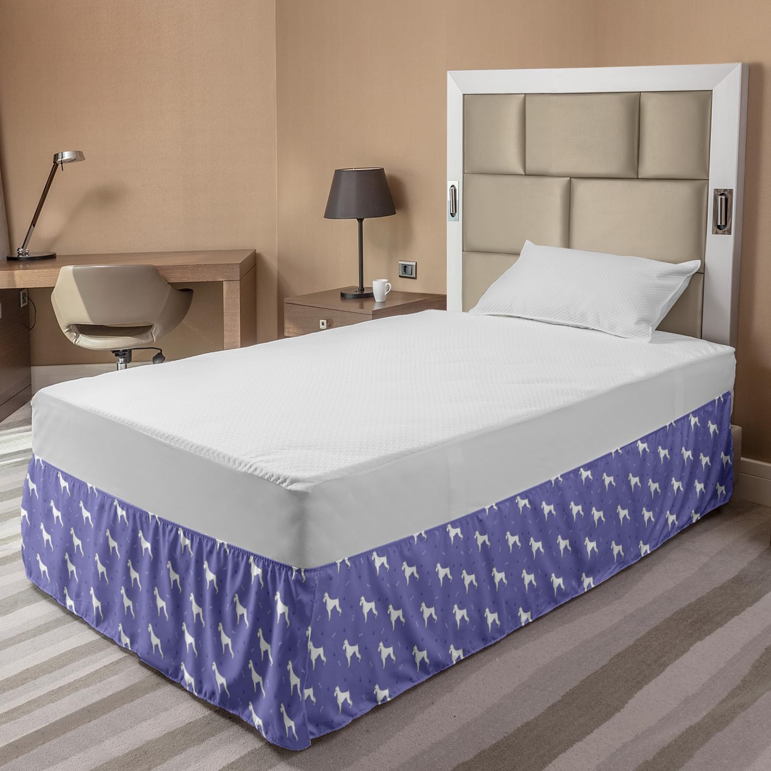 Ambesonne Boxer Dog Bed Skirt - Cartoon Paw Print Design for Twin/Twin XL Beds - Violet White Bedroom Decor