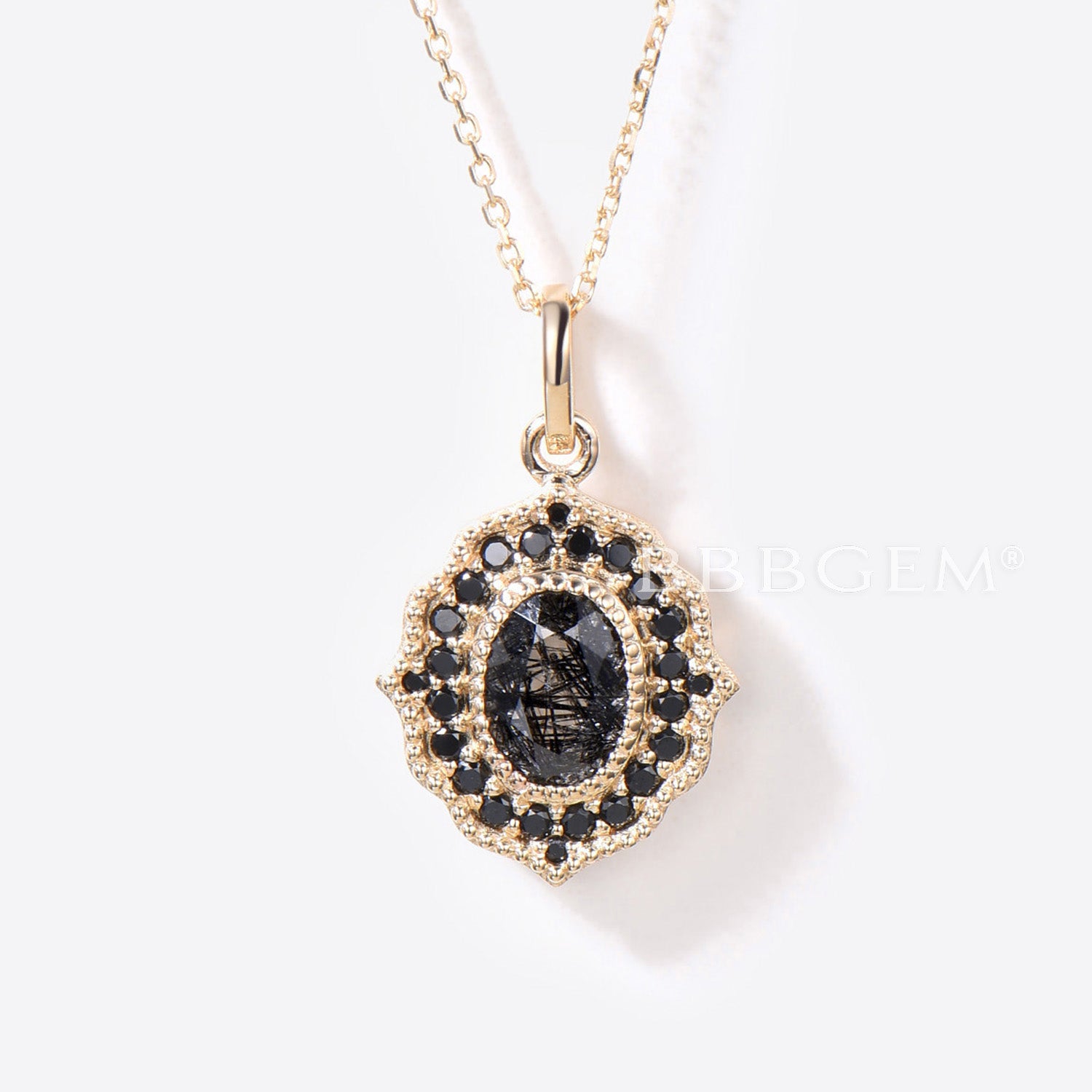 Vintage Black Rutilated Quartz Halo Necklace - 14K Solid Gold Natural Black Gemstone Pendant with Black Spinel - Antique Milgrain Layered Necklace for Women - Perfect for Weddings, Parties & Special Occasions