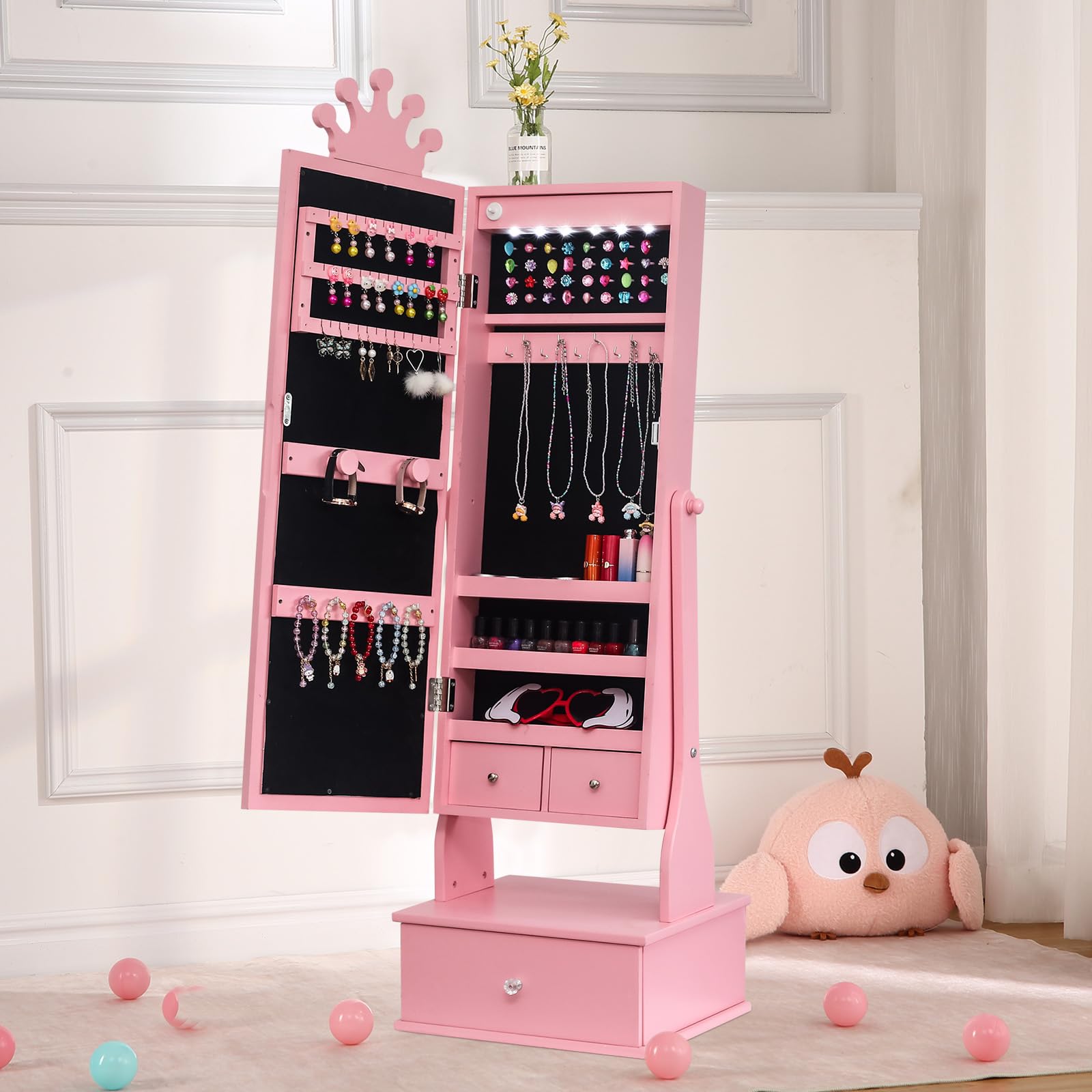 **Pink Kids Jewelry Armoire Cabinet with Full-Length Mirror - Standing Dress Up Mirror & Jewelry Organizer for Girls - Perfect Birthday & Christmas Gift for Princess-Themed Bedrooms & Playrooms**