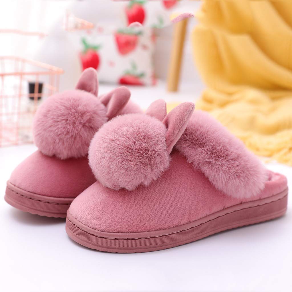 Women's Winter Furry Rabbit Ears Indoor Slippers - Soft Comfortable House Shoes for Women (Red, Size 5.5) | Cozy Home Footwear for Relaxing, Lounging & Cold Weather