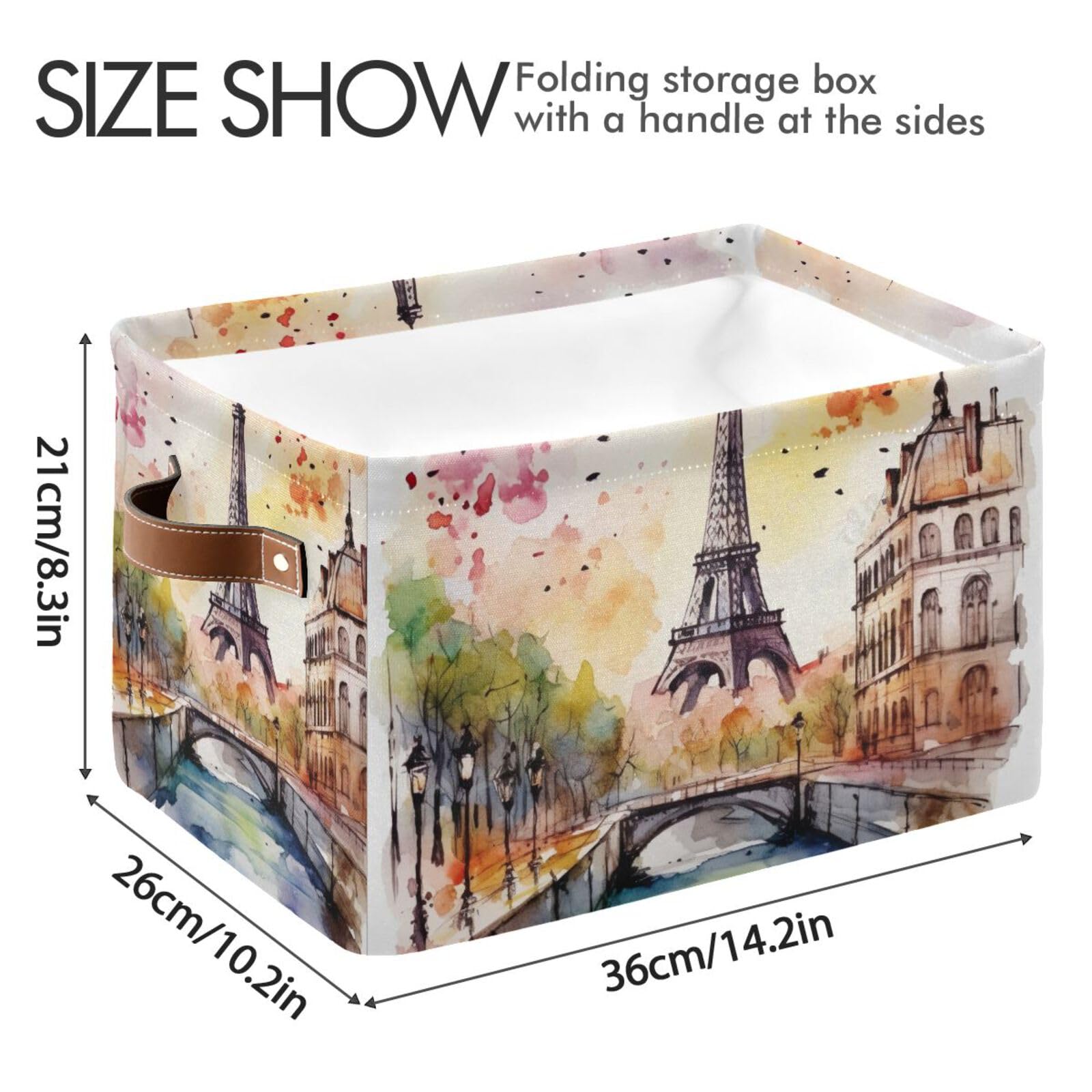 Paris Tower Painting Foldable Canvas Storage Baskets - 2 Pack Rectangle Fabric Organizer Box with Handles for Clothes, Home & Office Organization | Perfect for Closet Shelves, Bedroom Decor & Laundry Storage