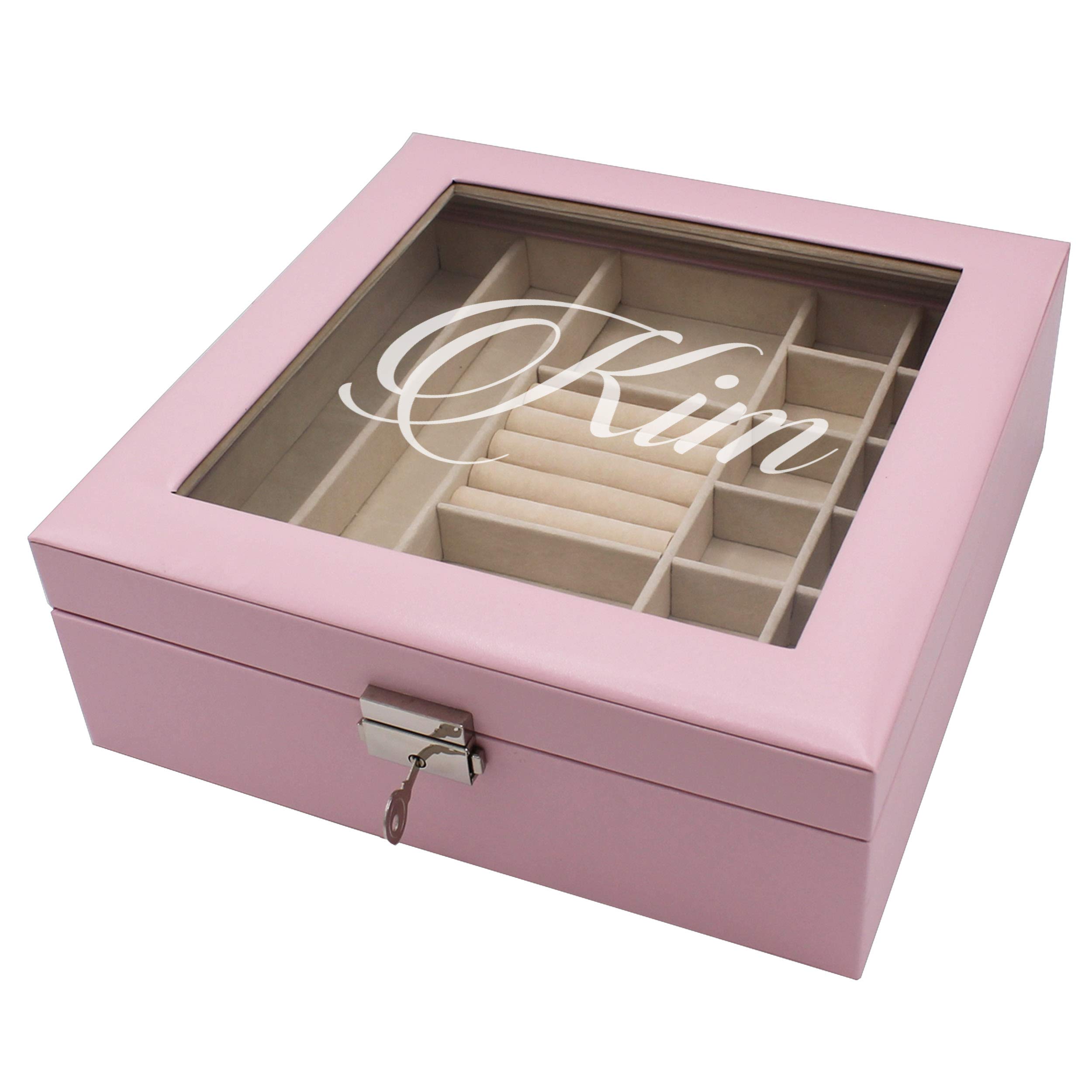 Personalized Jewelry Box with Removable Tray, Lock & Key, Glass Top - Custom Monogram Engraved Gift for Women (10.5